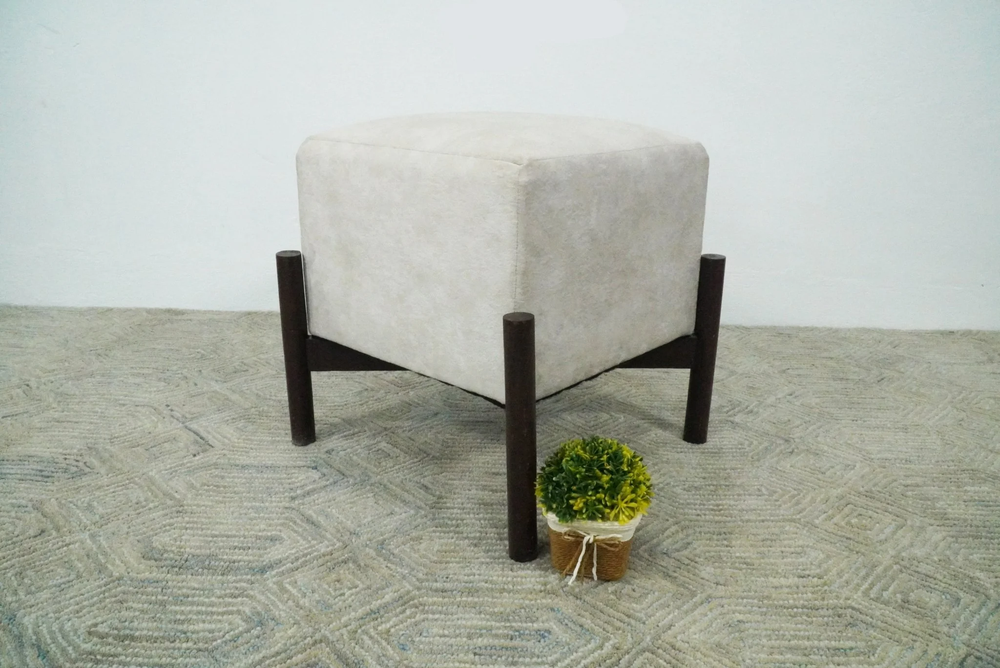 Luxury Velvet Handmade Ivory Wooden Stool - Image 8