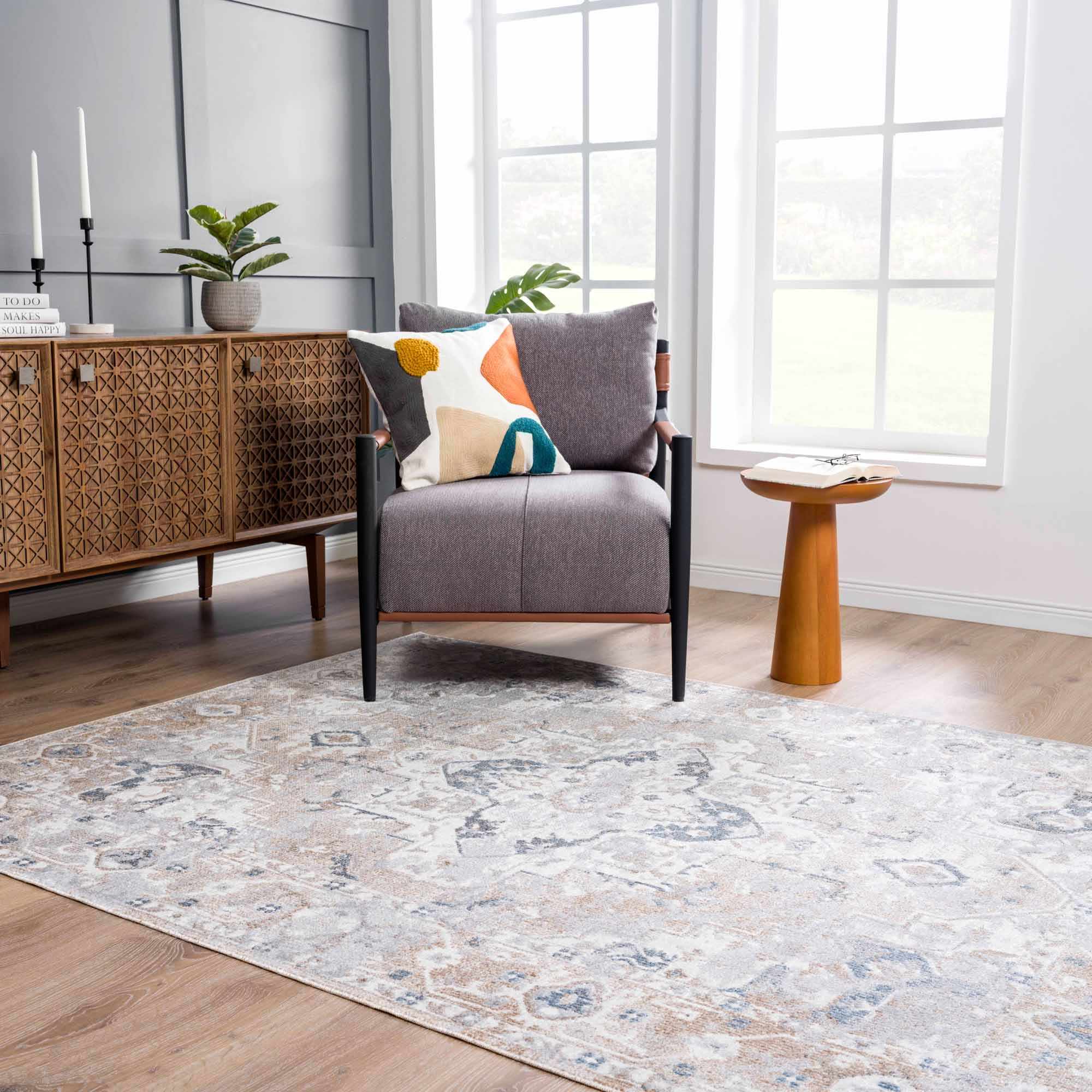 Traditional Heriz Design Beige, Silver and Charcoal washable Area Rug - Image 13