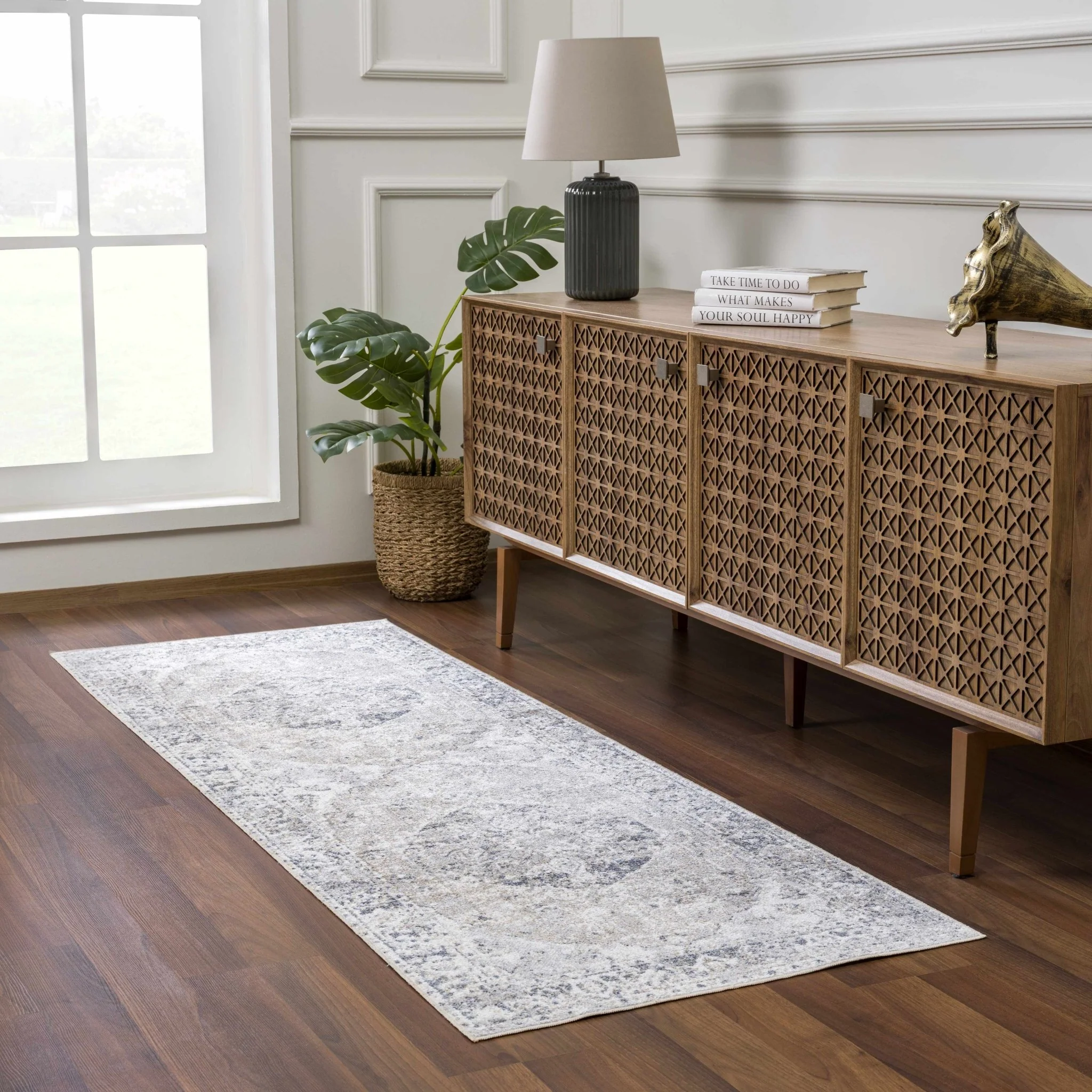 Traditional Heriz Design Beige, Silver and Charcoal washable Area Rug - Image 4