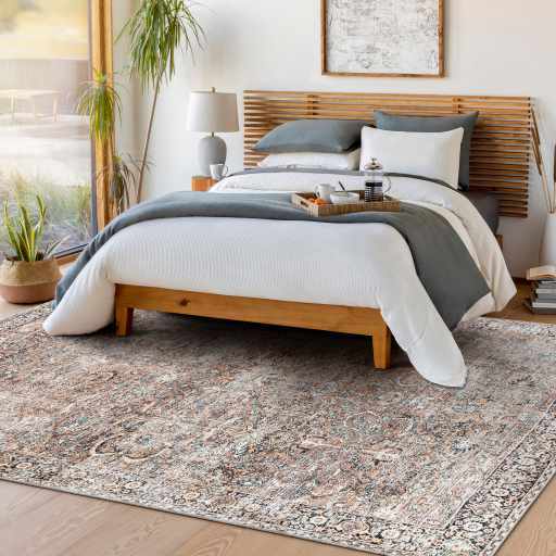 Woven Brown, Ivory and Charcoal Traditional Floral Washable Area Rug - Image 13