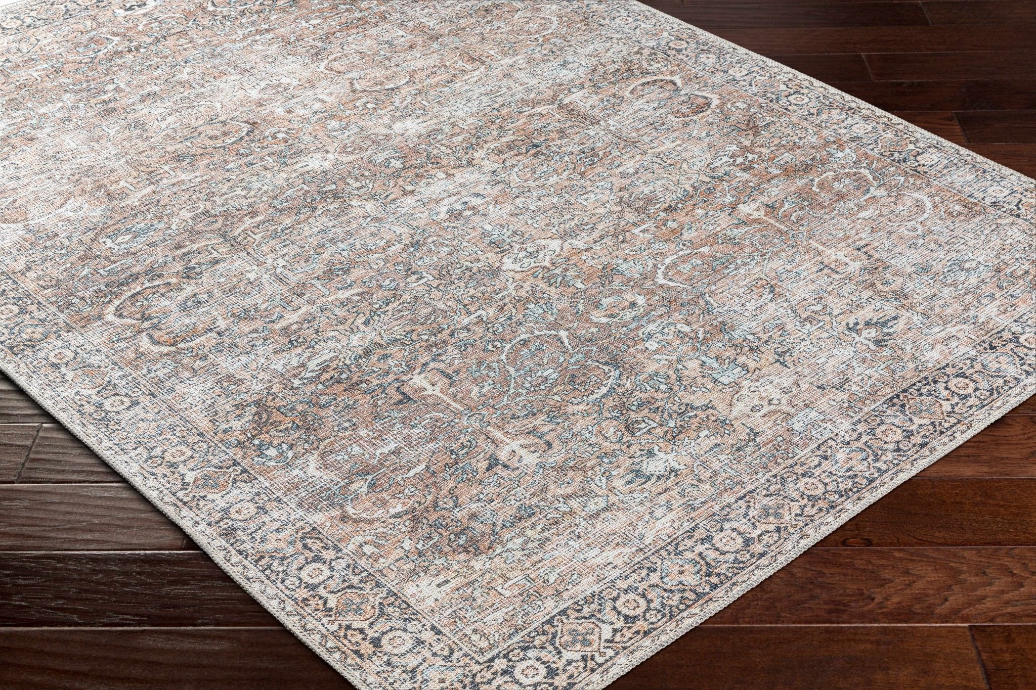 Woven Brown, Ivory and Charcoal Traditional Floral Washable Area Rug - Image 14