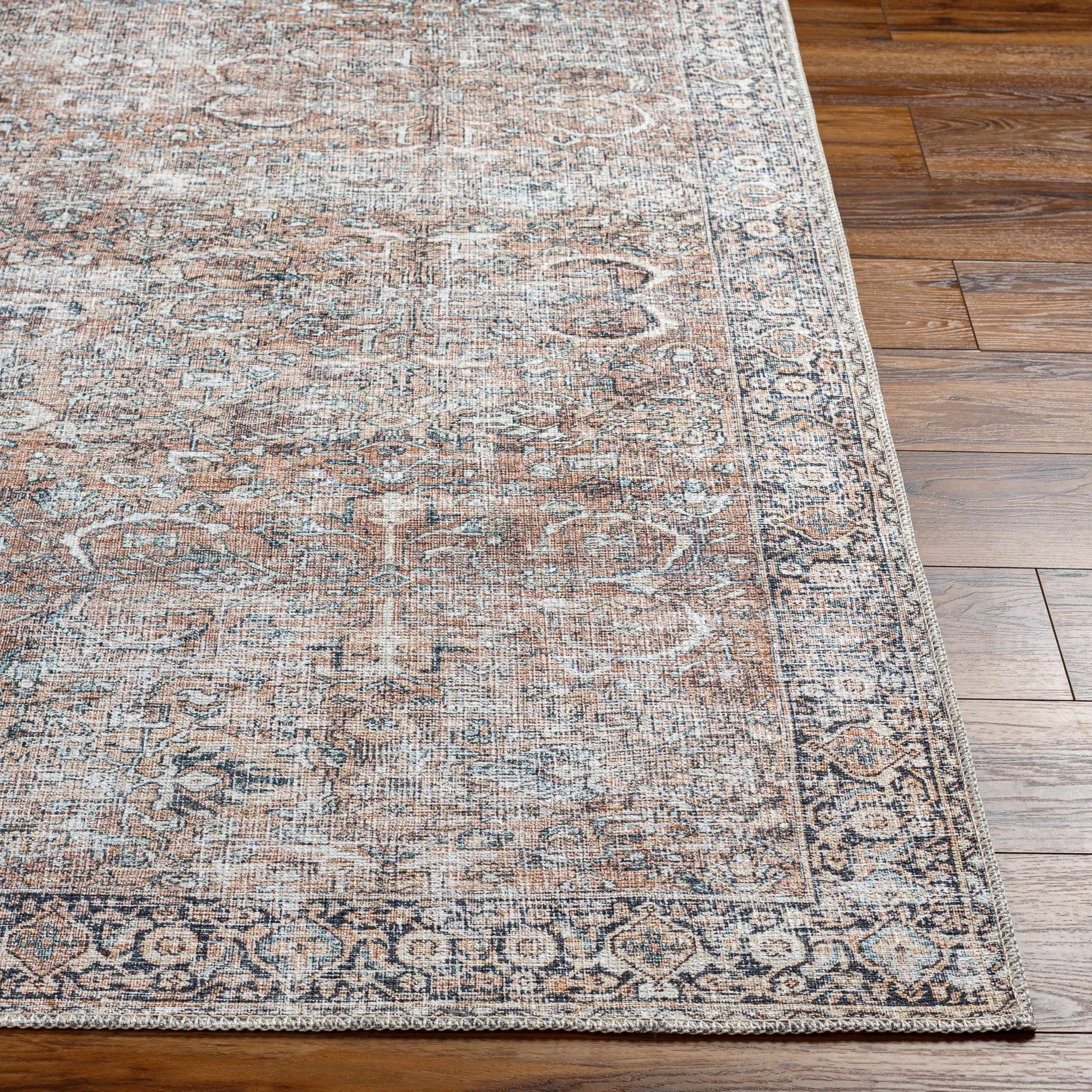 Woven Brown, Ivory and Charcoal Traditional Floral Washable Area Rug - Image 17