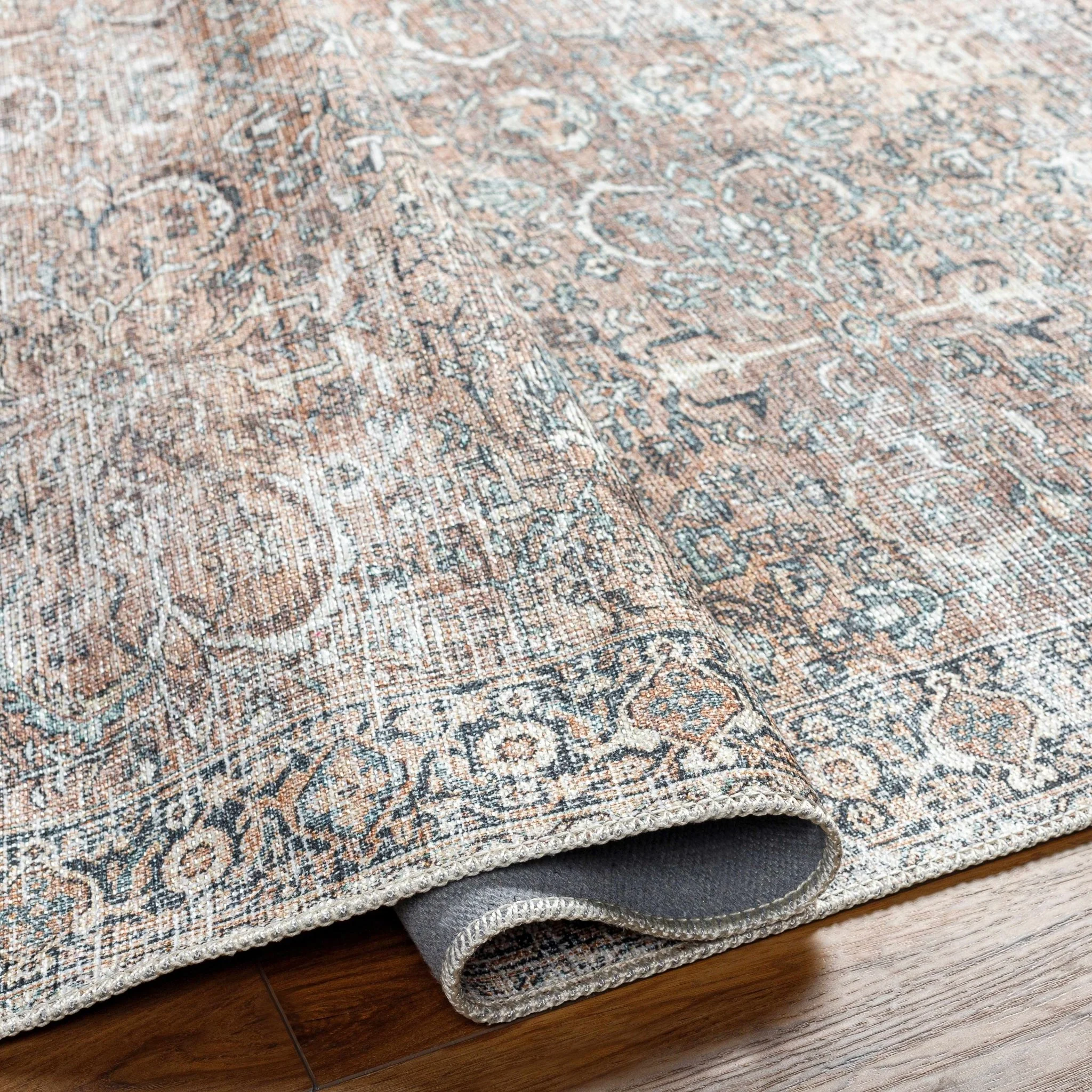 Woven Brown, Ivory and Charcoal Traditional Floral Washable Area Rug - Image 18
