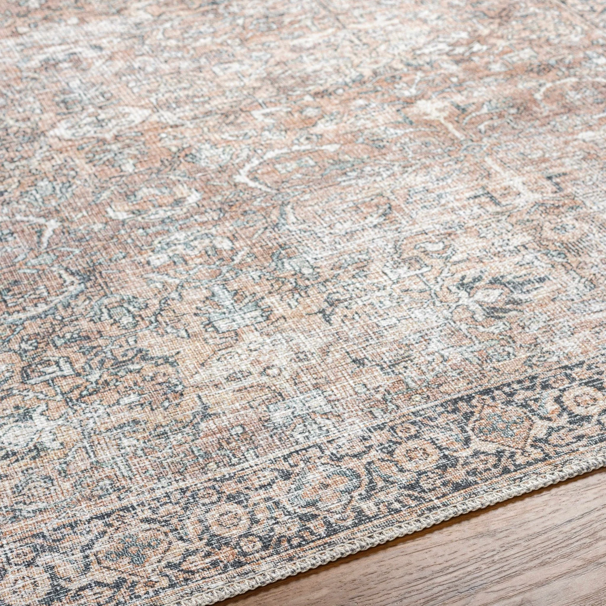 Woven Brown, Ivory and Charcoal Traditional Floral Washable Area Rug - Image 19