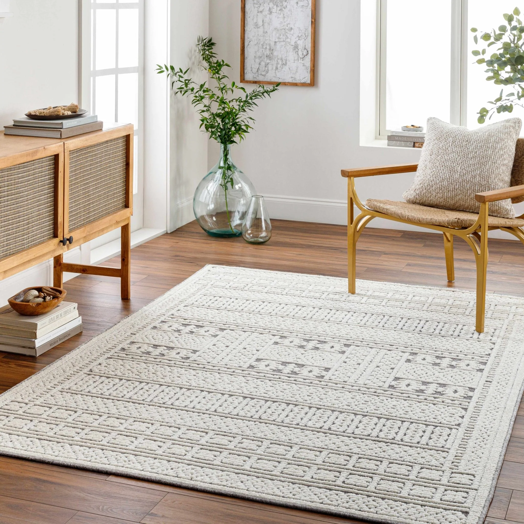 Machine Woven Carved Pattern Ivory and Dusty Mauve Premium Look Machine Washable Rug - Image 2