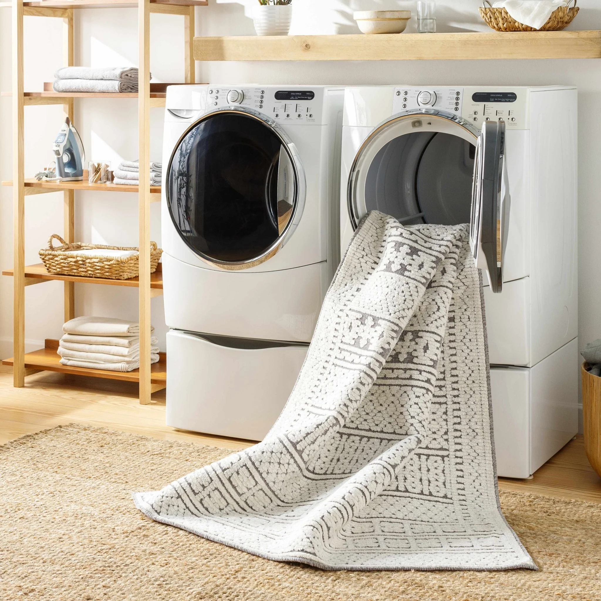 Machine Woven Carved Pattern Ivory and Dusty Mauve Premium Look Machine Washable Rug - Image 4