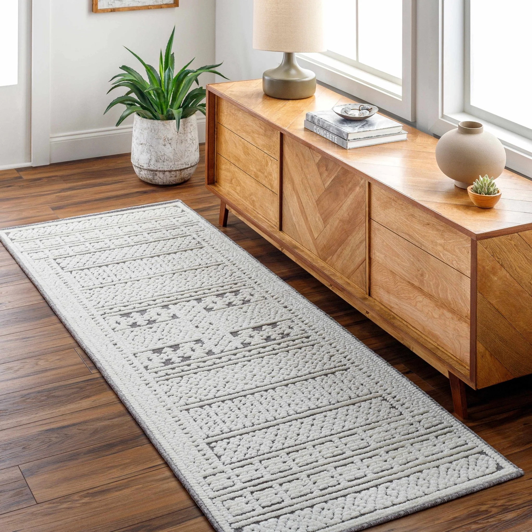 Machine Woven Carved Pattern Ivory and Dusty Mauve Premium Look Machine Washable Rug - Image 6