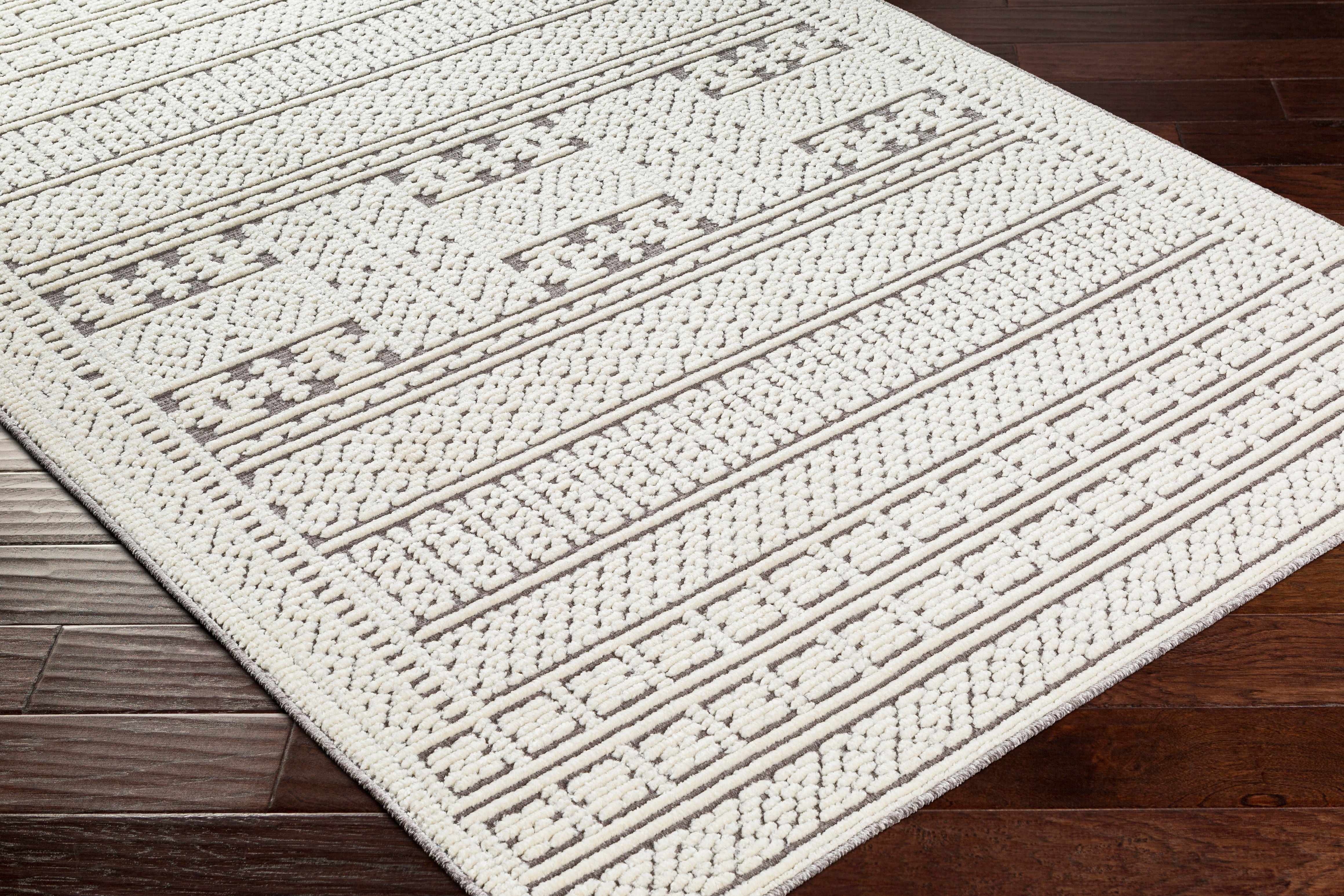 Machine Woven Carved Pattern Ivory and Dusty Mauve Premium Look Machine Washable Rug - Image 8
