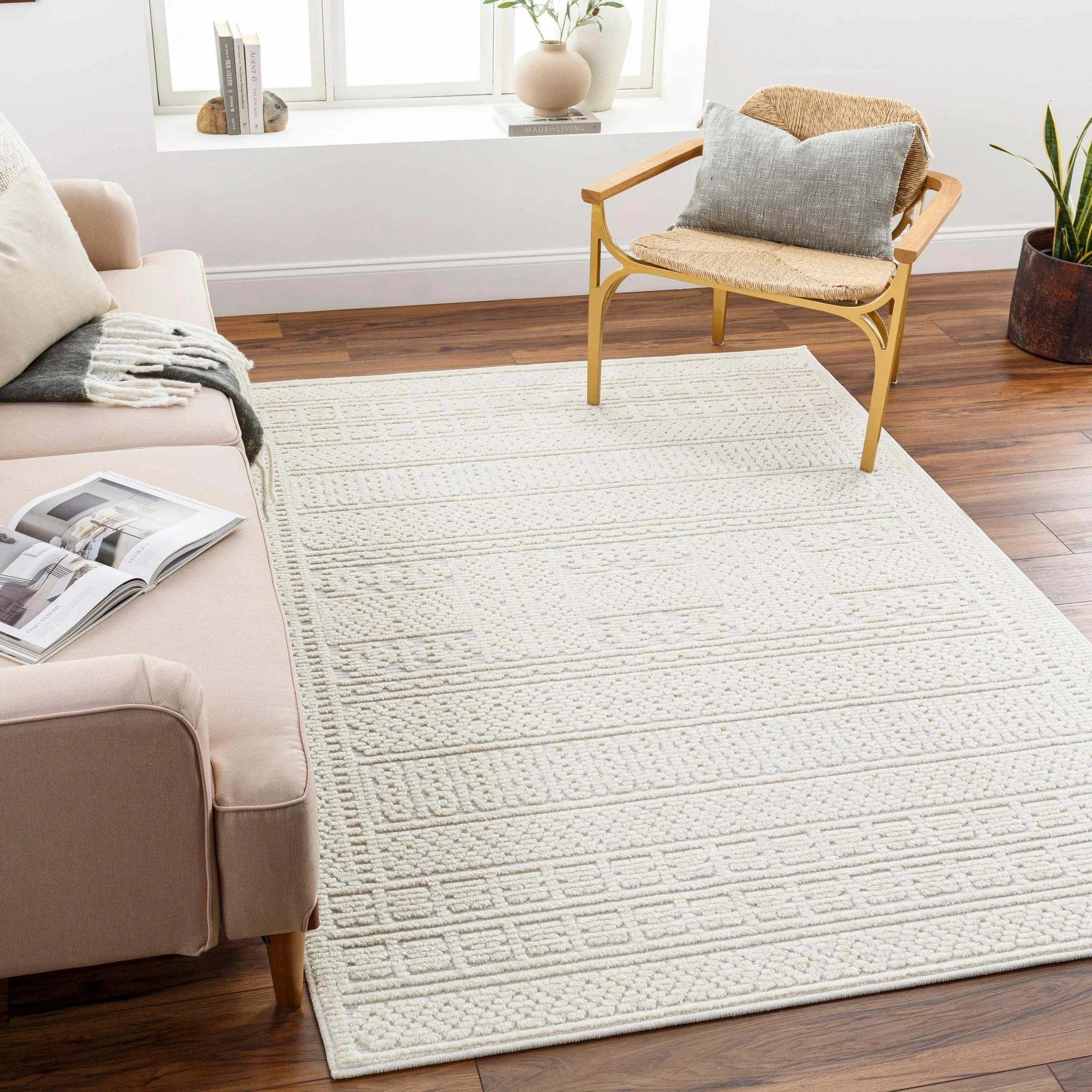 Premium look Machine Woven Carved Pattern Solid Beige Machine Washable Rug - Image 2