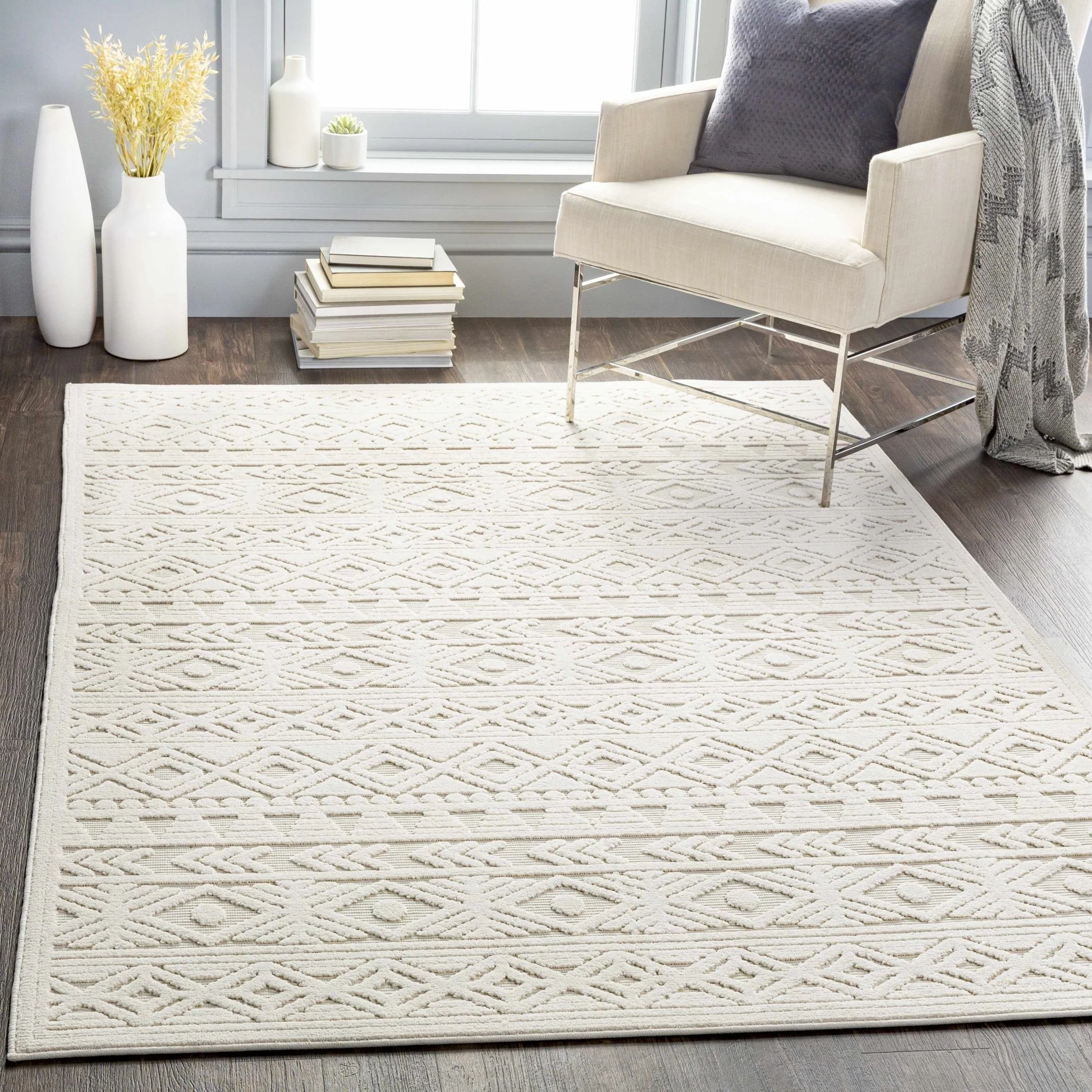 Machine Woven Modern Geometrical Off-White Outdoor Area Rug - Image 2