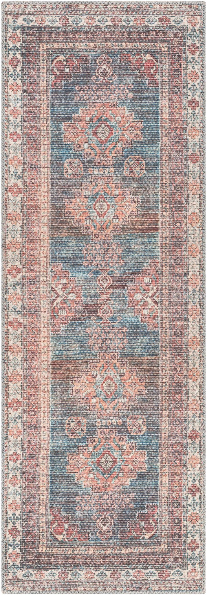 Distressed Look Vintage Style Machine Woven Rust, Blue and Ivory Traditional Washable Rug - Image 10