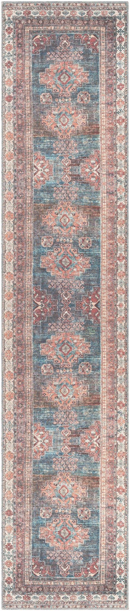 Distressed Look Vintage Style Machine Woven Rust, Blue and Ivory Traditional Washable Rug - Image 11