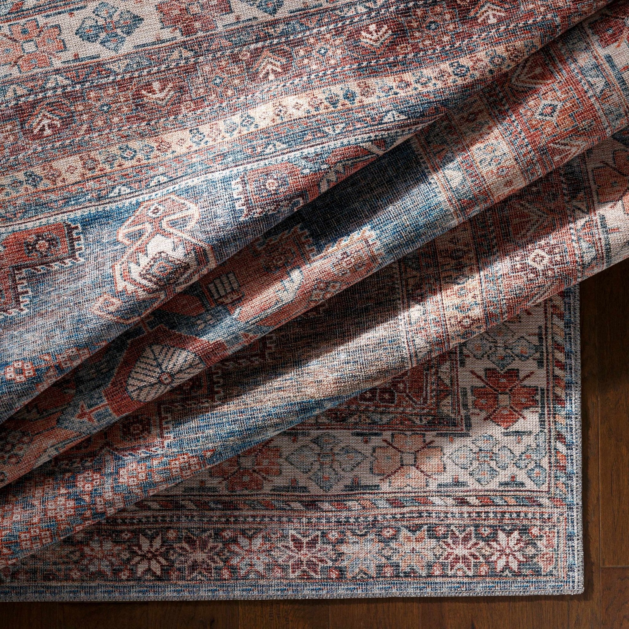 Distressed Look Vintage Style Machine Woven Rust, Blue and Ivory Traditional Washable Rug - Image 14