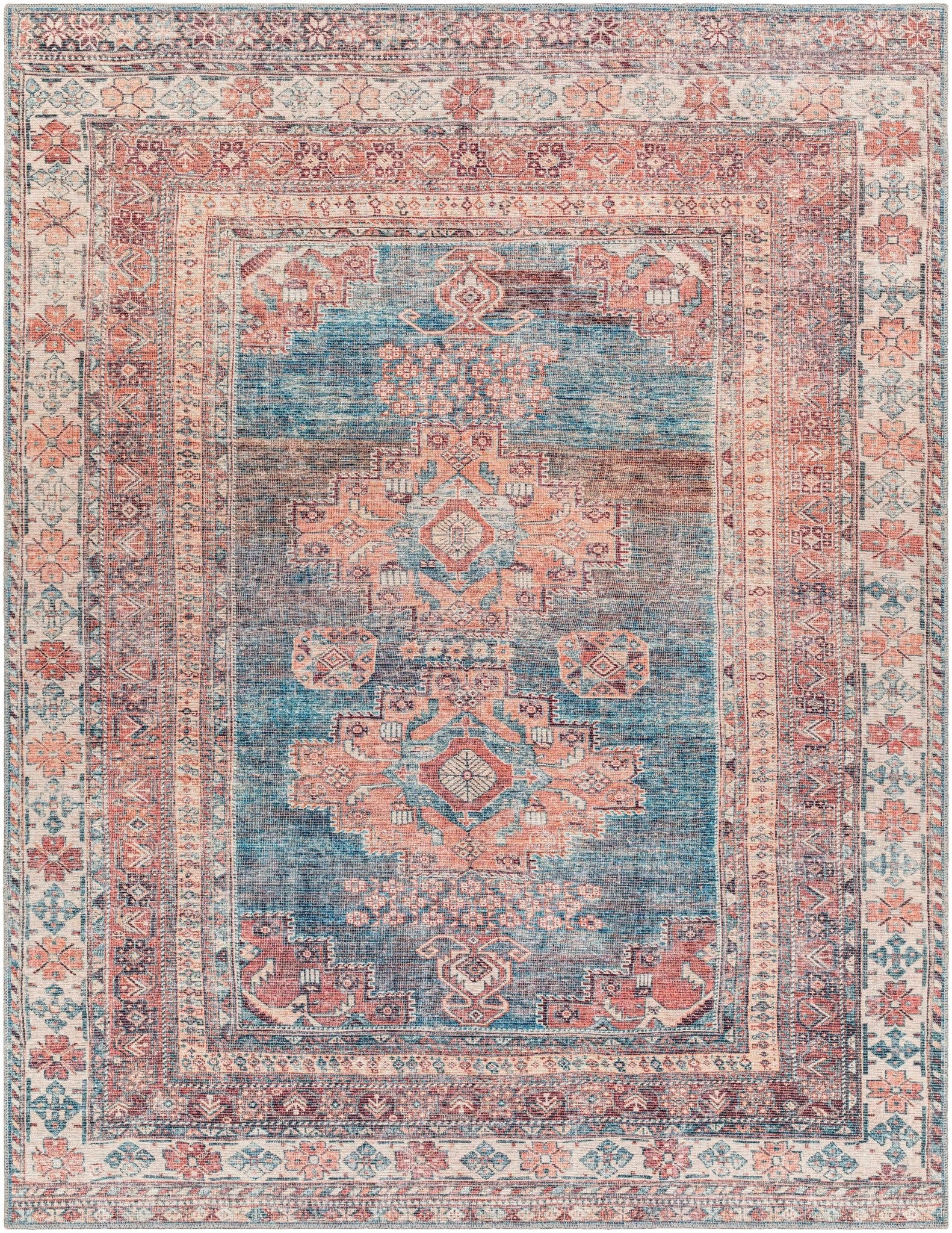 Distressed Look Vintage Style Machine Woven Rust, Blue and Ivory Traditional Washable Rug - Image 15