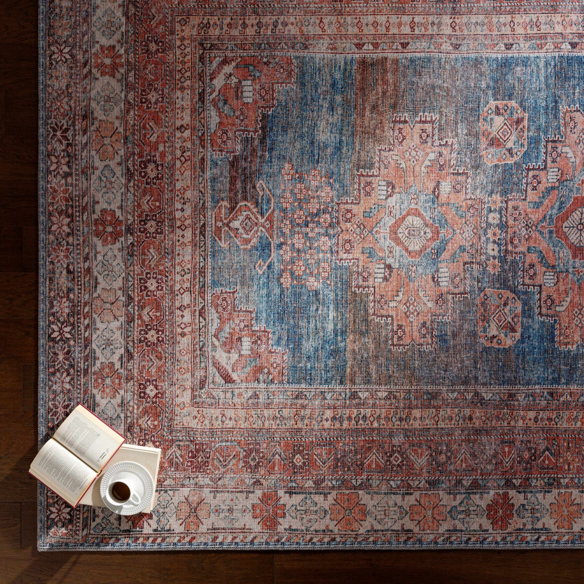 Distressed Look Vintage Style Machine Woven Rust, Blue and Ivory Traditional Washable Rug - Image 16
