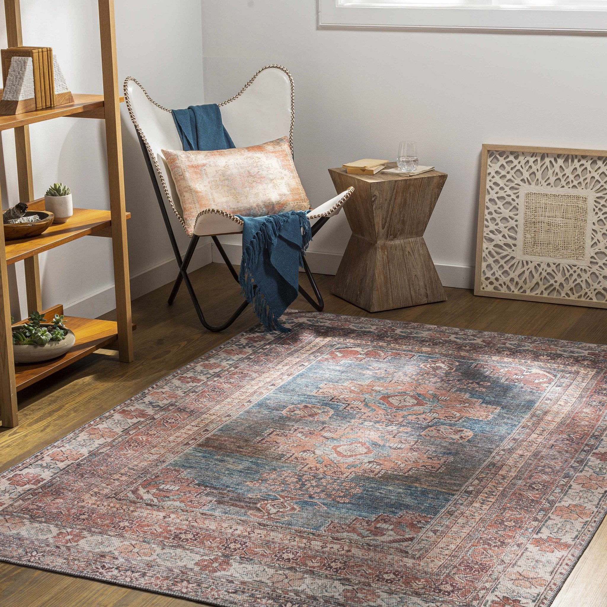 Distressed Look Vintage Style Machine Woven Rust, Blue and Ivory Traditional Washable Rug - Image 2