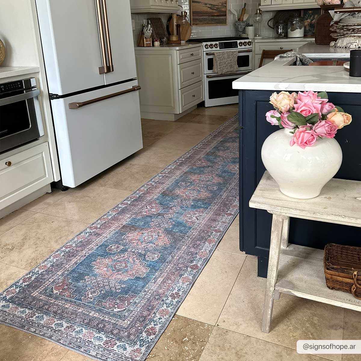Distressed Look Vintage Style Machine Woven Rust, Blue and Ivory Traditional Washable Rug - Image 3