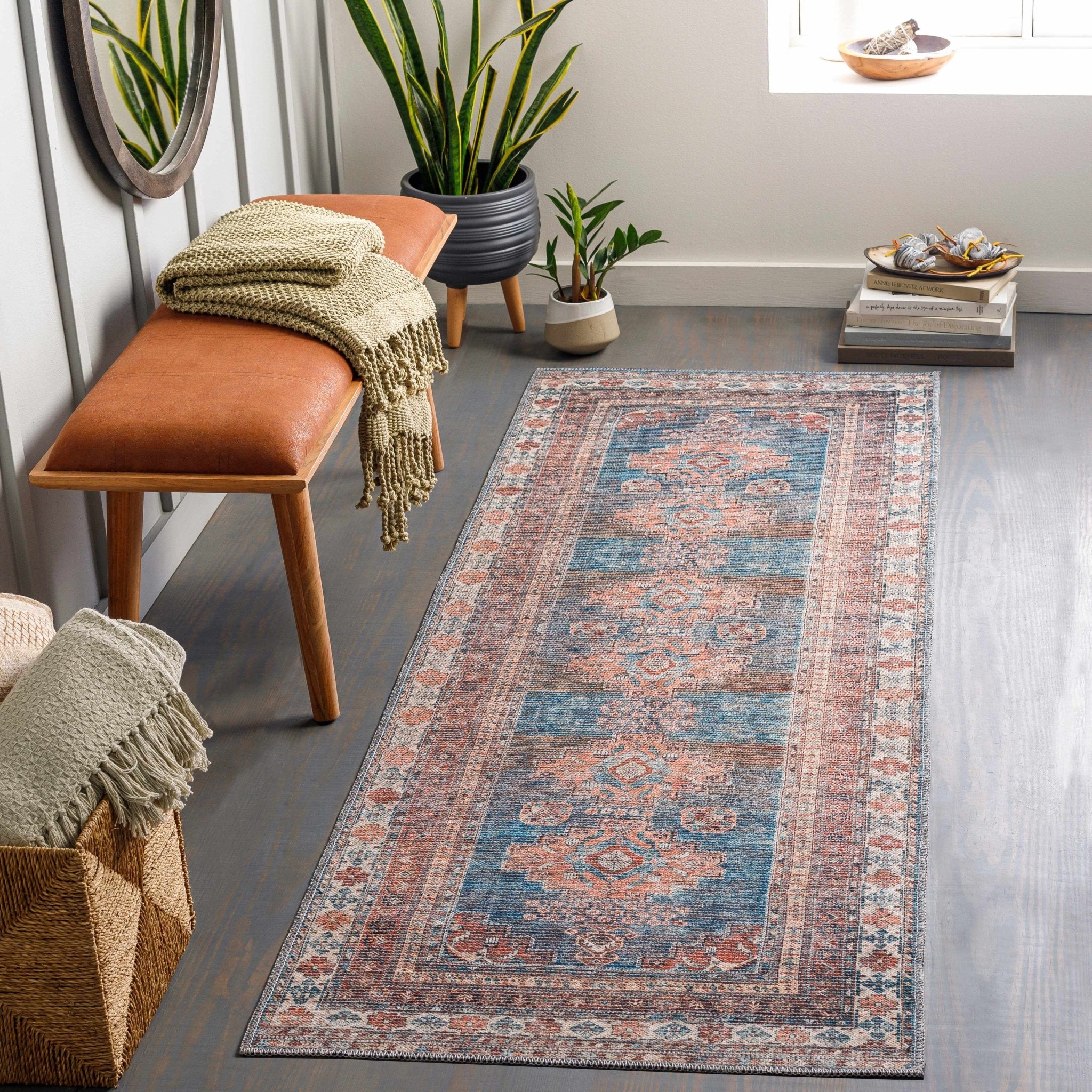 Distressed Look Vintage Style Machine Woven Rust, Blue and Ivory Traditional Washable Rug - Image 4