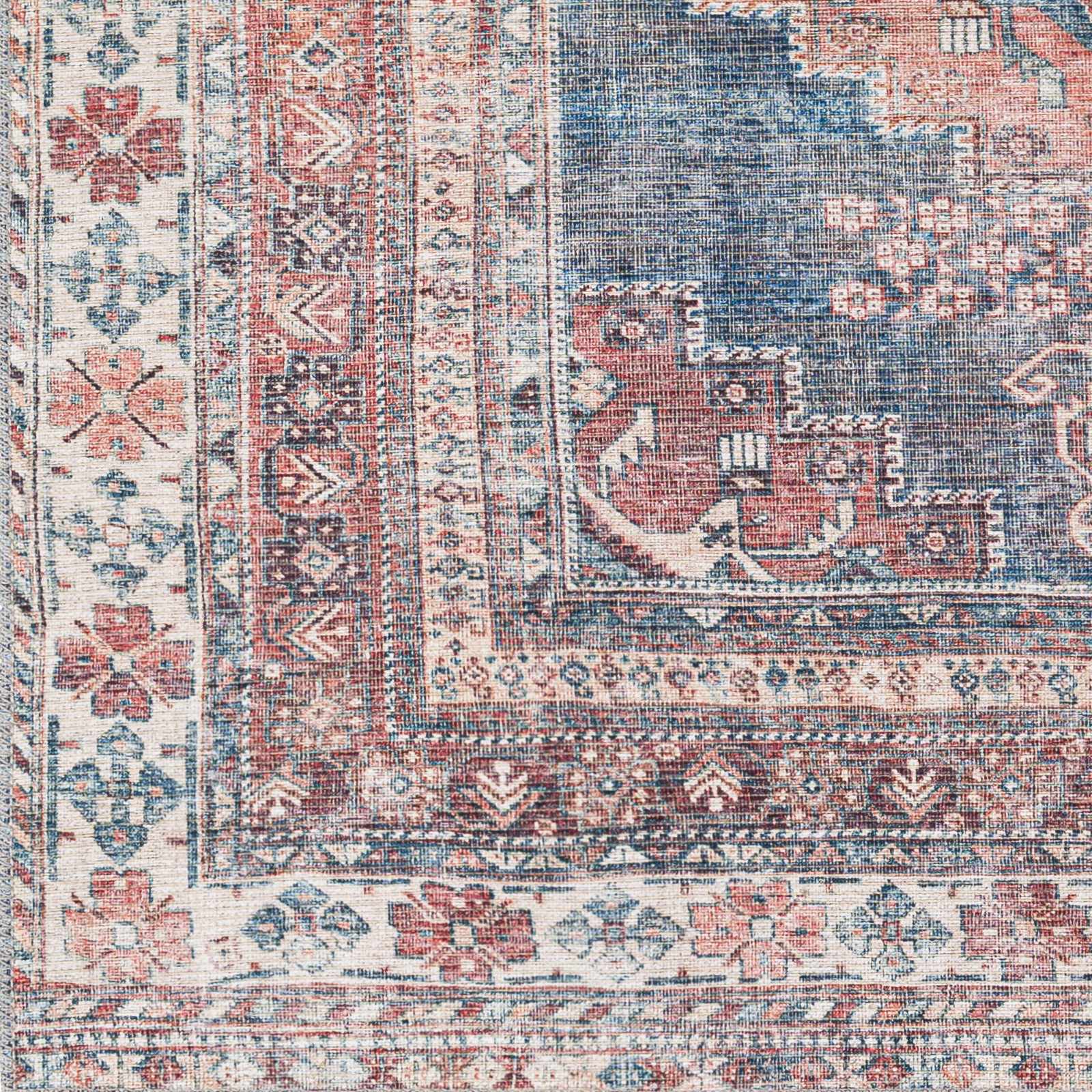 Distressed Look Vintage Style Machine Woven Rust, Blue and Ivory Traditional Washable Rug - Image 5