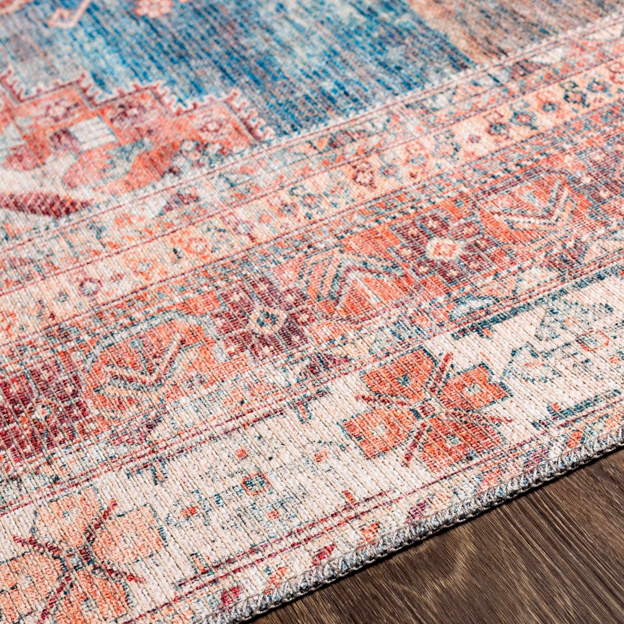 Distressed Look Vintage Style Machine Woven Rust, Blue and Ivory Traditional Washable Rug - Image 6