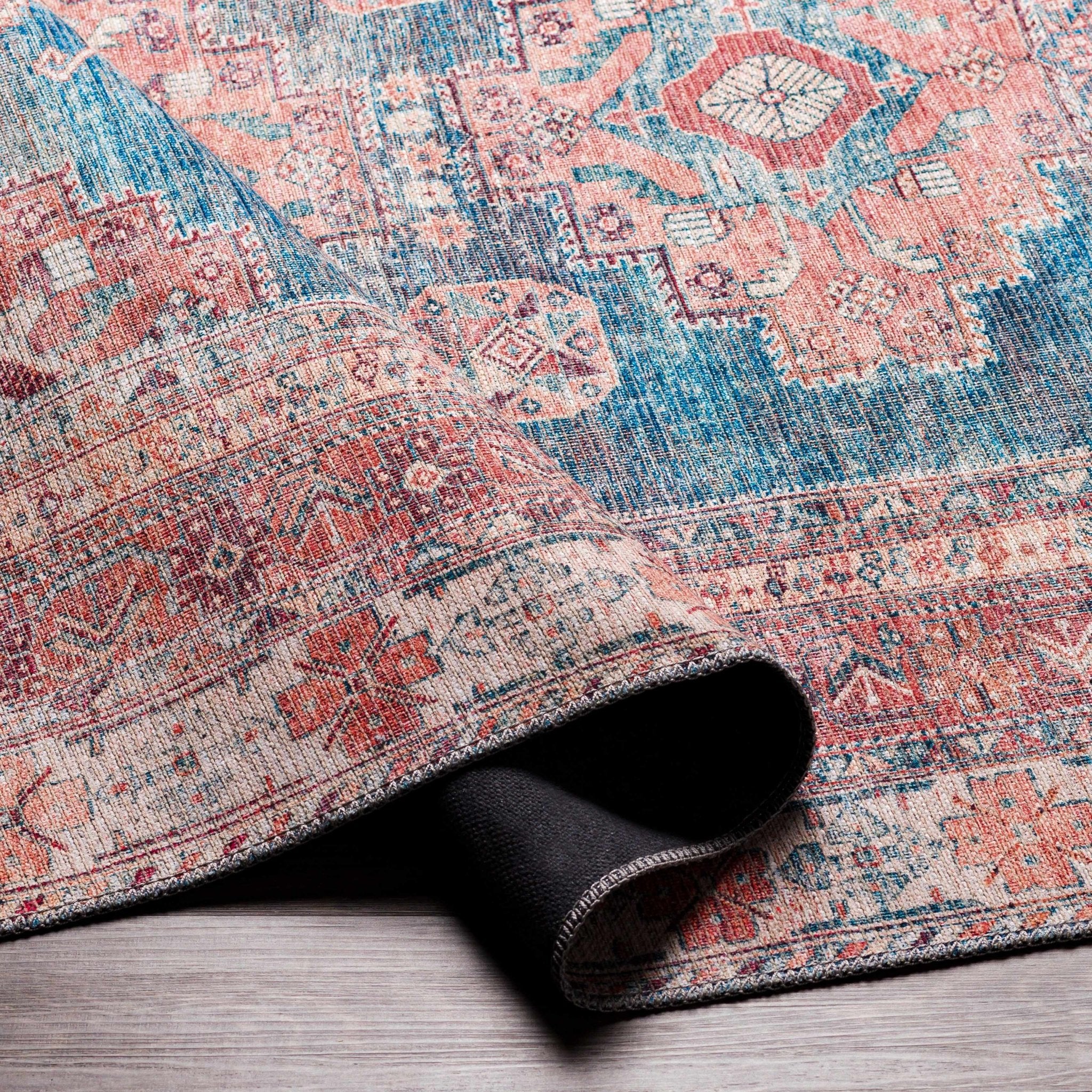 Distressed Look Vintage Style Machine Woven Rust, Blue and Ivory Traditional Washable Rug - Image 7