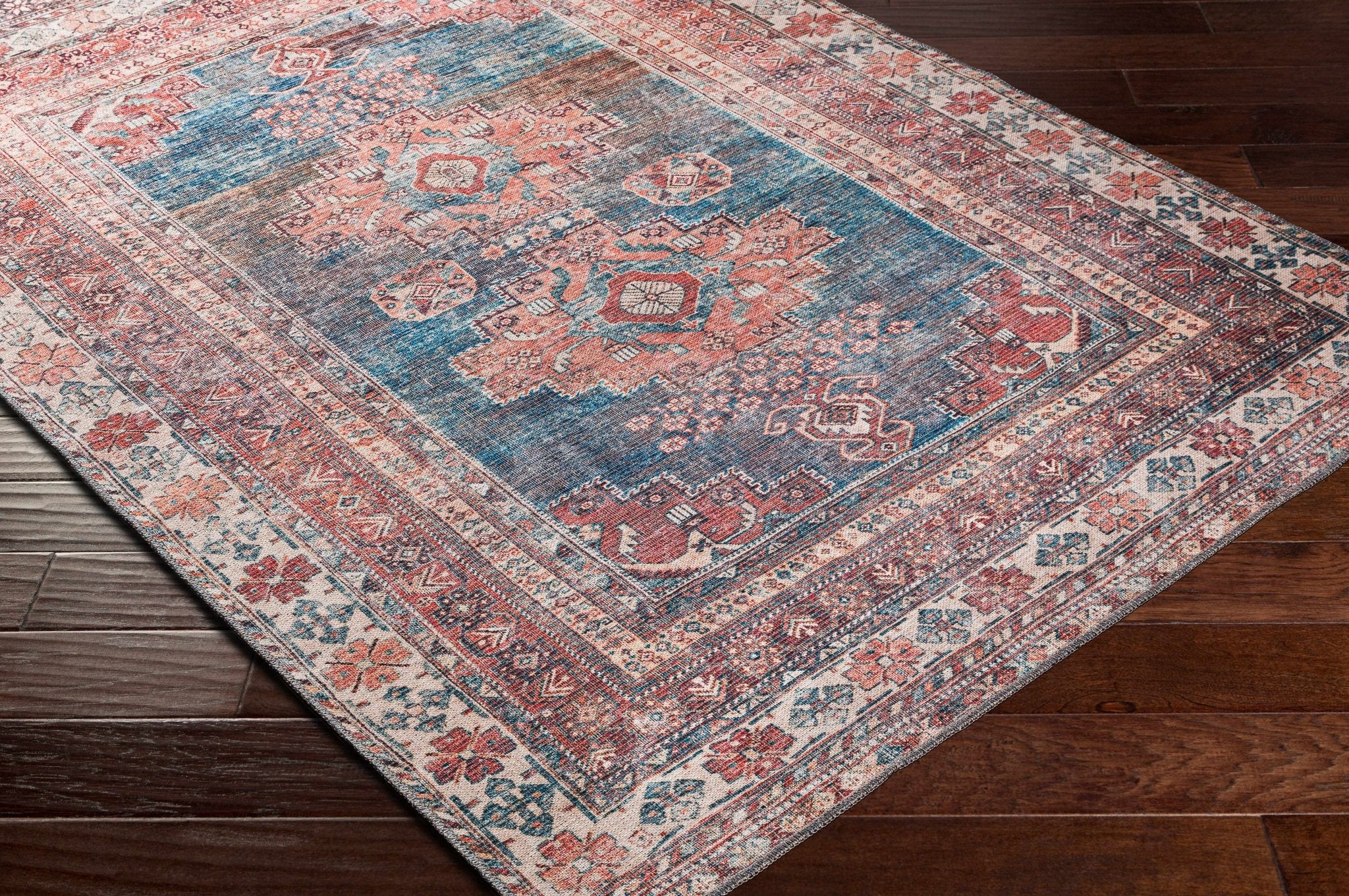 Distressed Look Vintage Style Machine Woven Rust, Blue and Ivory Traditional Washable Rug - Image 8