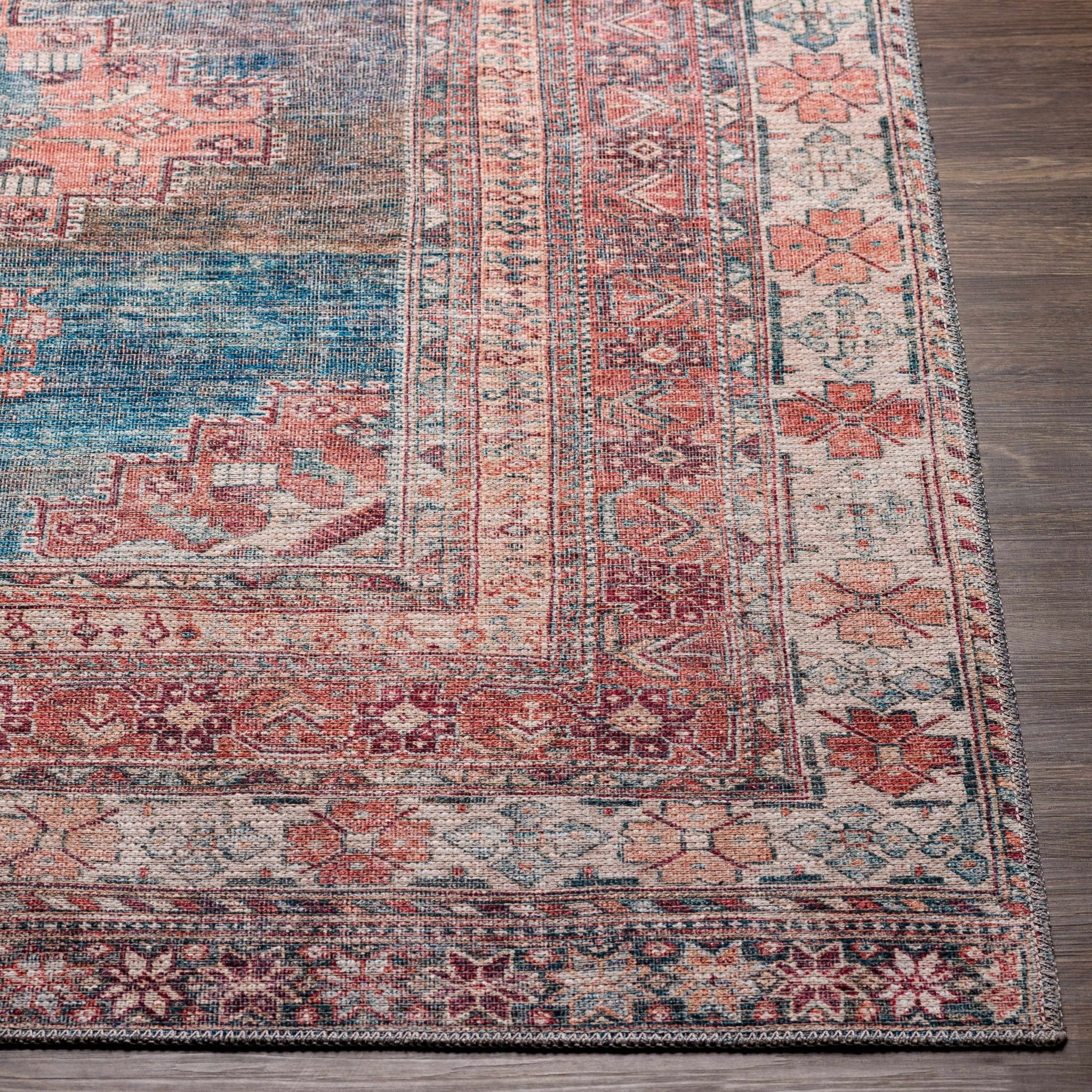 Distressed Look Vintage Style Machine Woven Rust, Blue and Ivory Traditional Washable Rug - Image 9