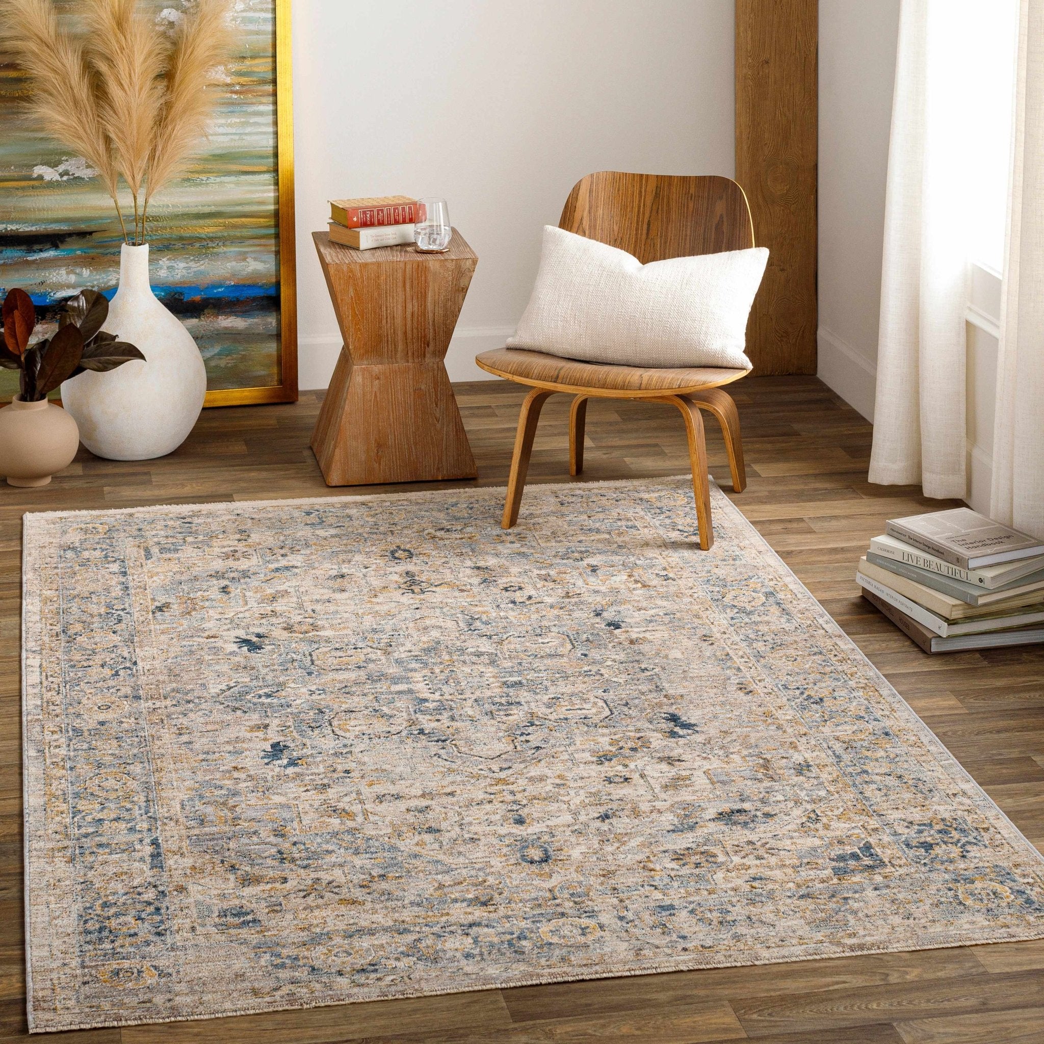 Machine Woven Traditional Style Blue And Beige Rug - Image 2