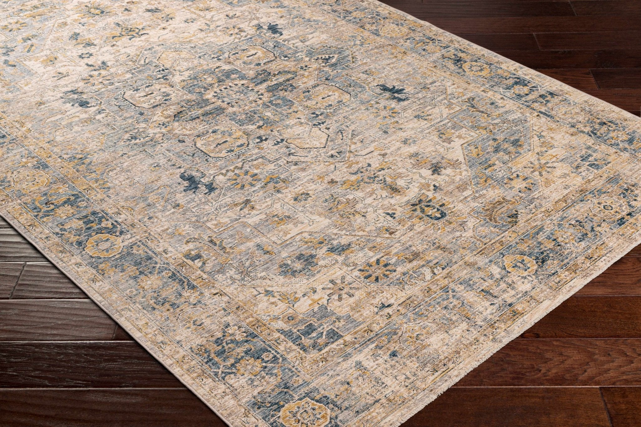 Machine Woven Traditional Style Blue And Beige Rug - Image 5
