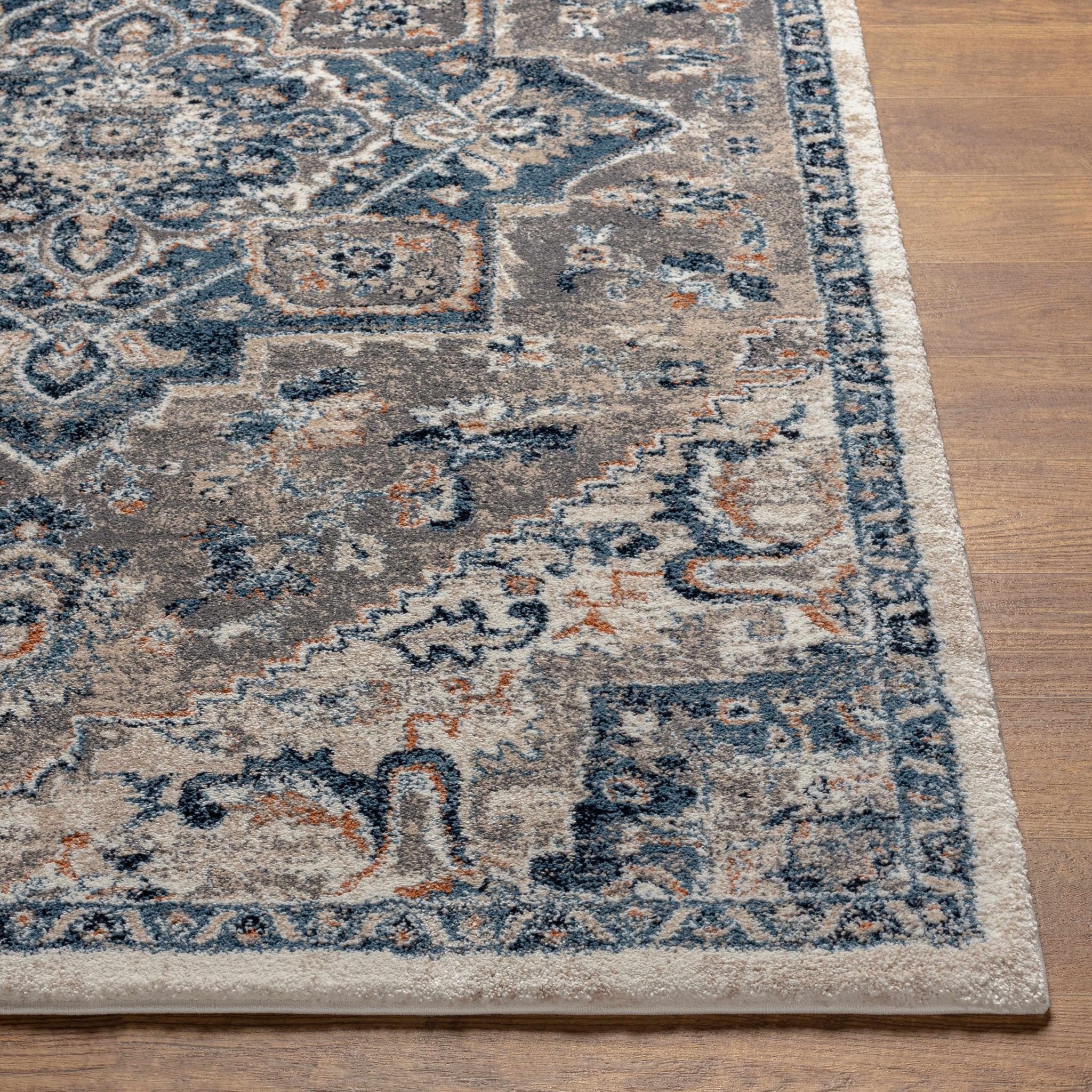 Machine Woven Traditional Style Blue And Cream Rug - Image 3