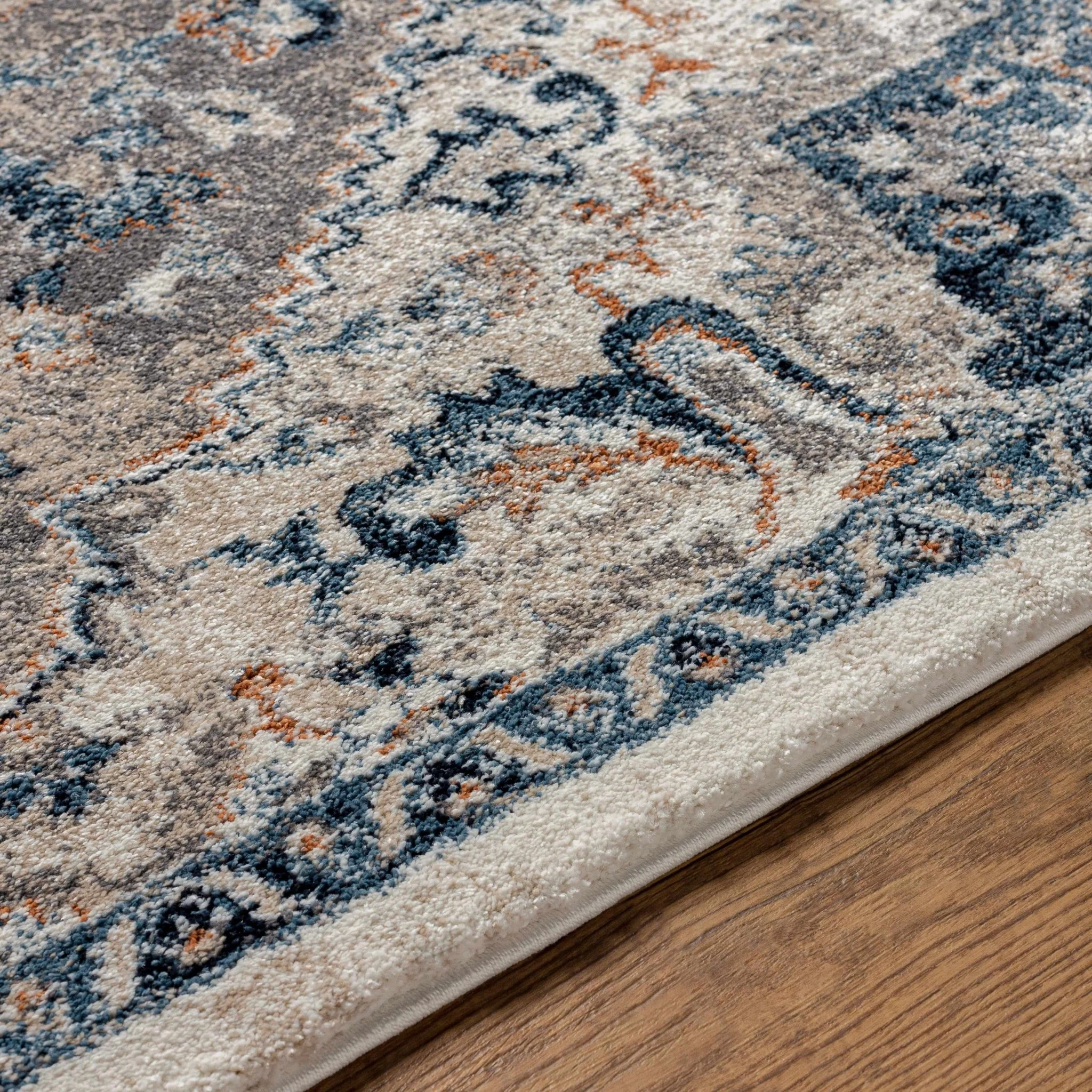 Machine Woven Traditional Style Blue And Cream Rug - Image 4
