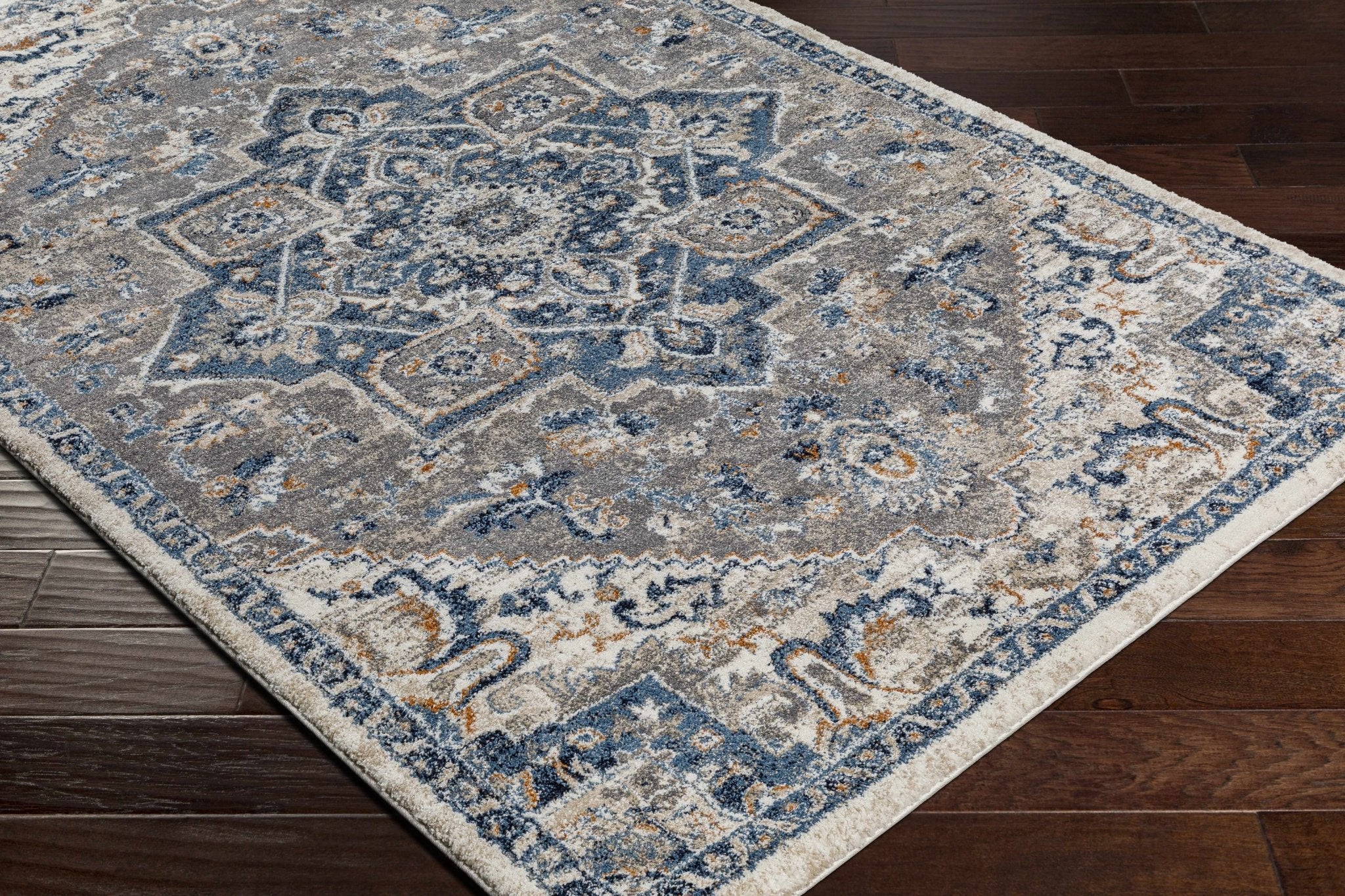 Machine Woven Traditional Style Blue And Cream Rug - Image 6