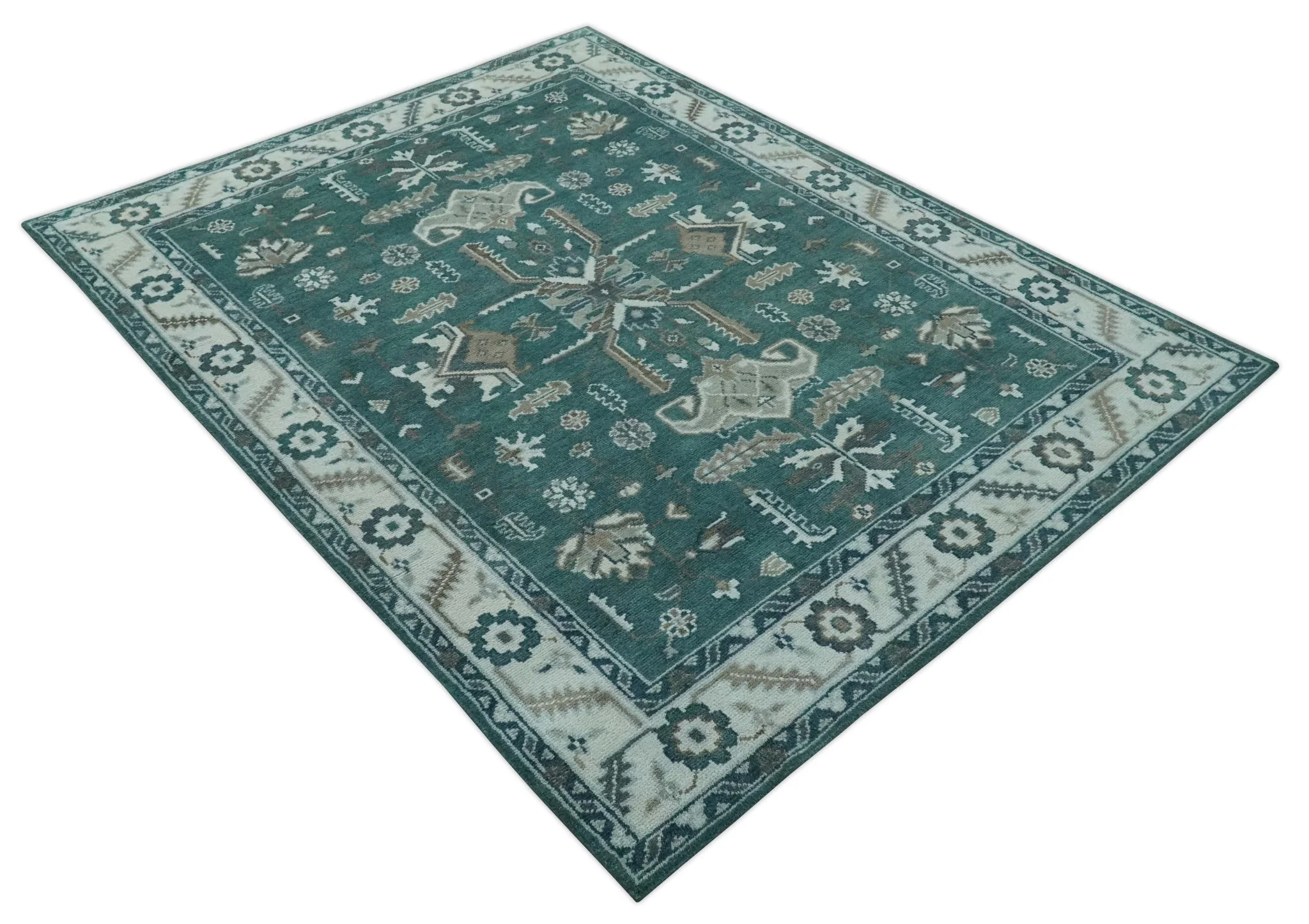 Custom Made Traditional Mamluk Design Teal, Ivory and Brown Hand Knotted wool Area Rug - Image 10
