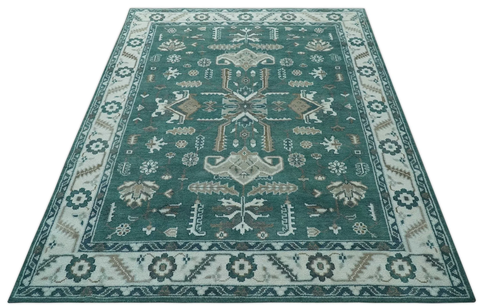 Custom Made Traditional Mamluk Design Teal, Ivory and Brown Hand Knotted wool Area Rug - Image 11