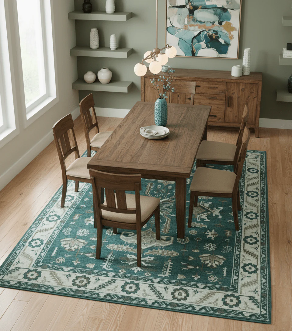Custom Made Traditional Mamluk Design Teal, Ivory and Brown Hand Knotted wool Area Rug - Image 2