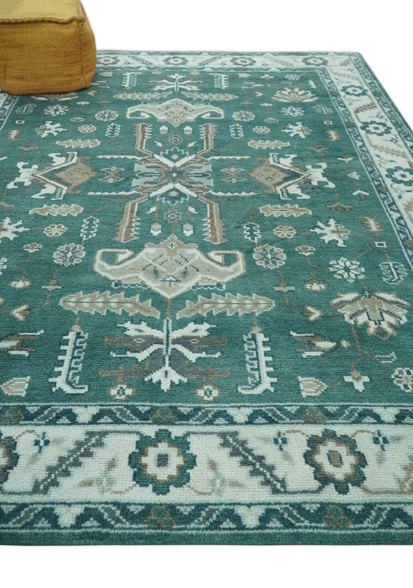Custom Made Traditional Mamluk Design Teal, Ivory and Brown Hand Knotted wool Area Rug - Image 4