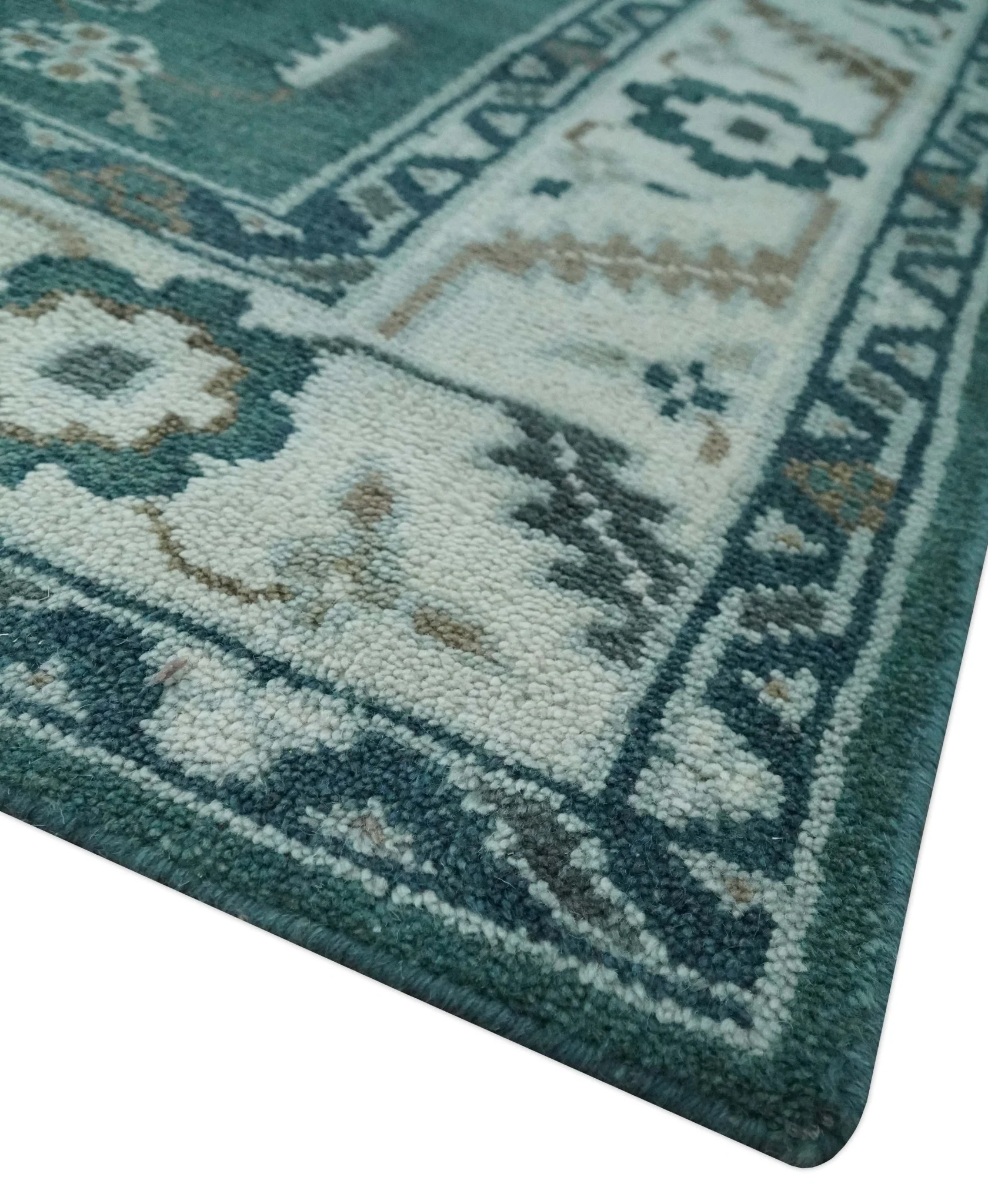 Custom Made Traditional Mamluk Design Teal, Ivory and Brown Hand Knotted wool Area Rug - Image 6
