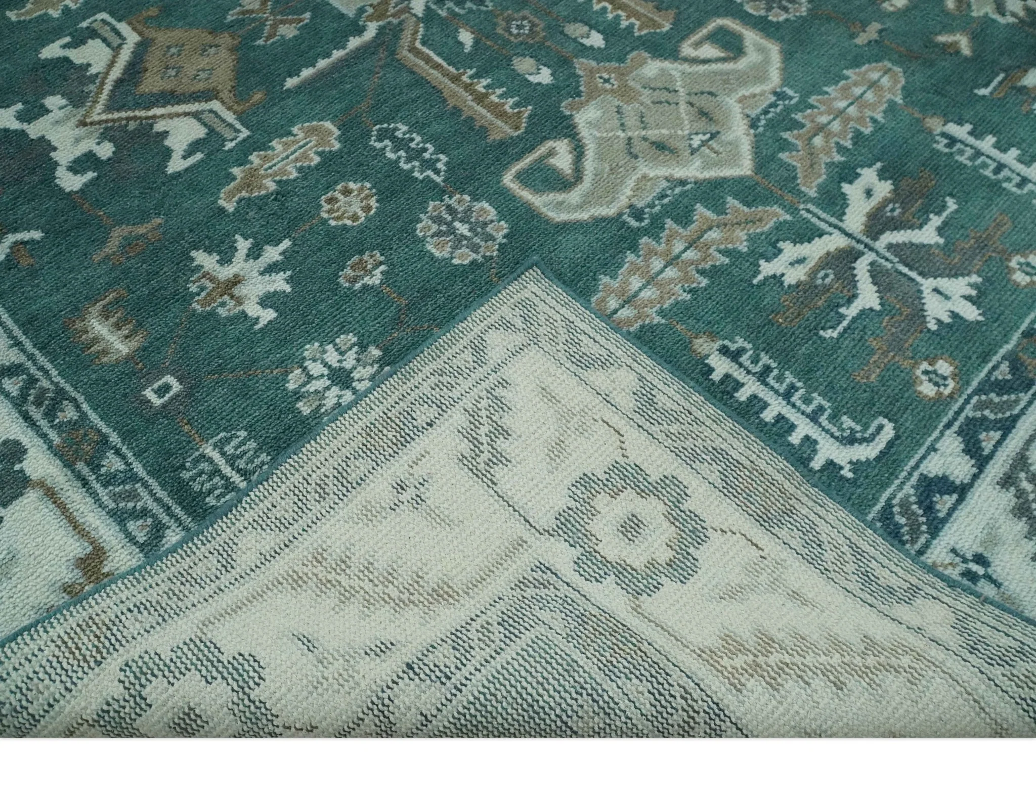 Custom Made Traditional Mamluk Design Teal, Ivory and Brown Hand Knotted wool Area Rug - Image 8