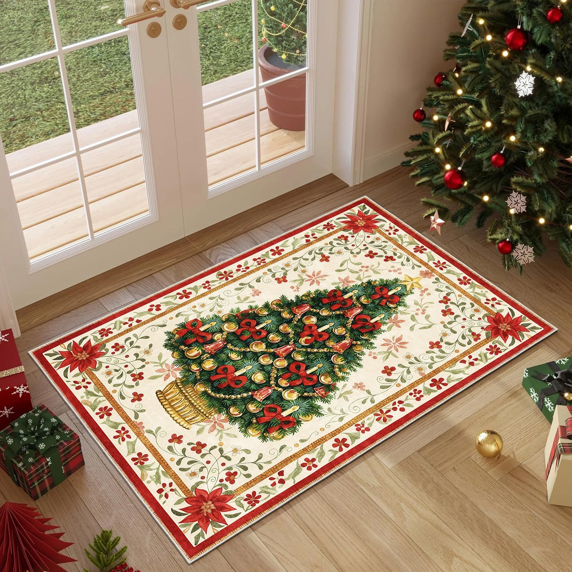 Marloen Christmas Beige Cotton Machine Washable Area Rug - Image 3