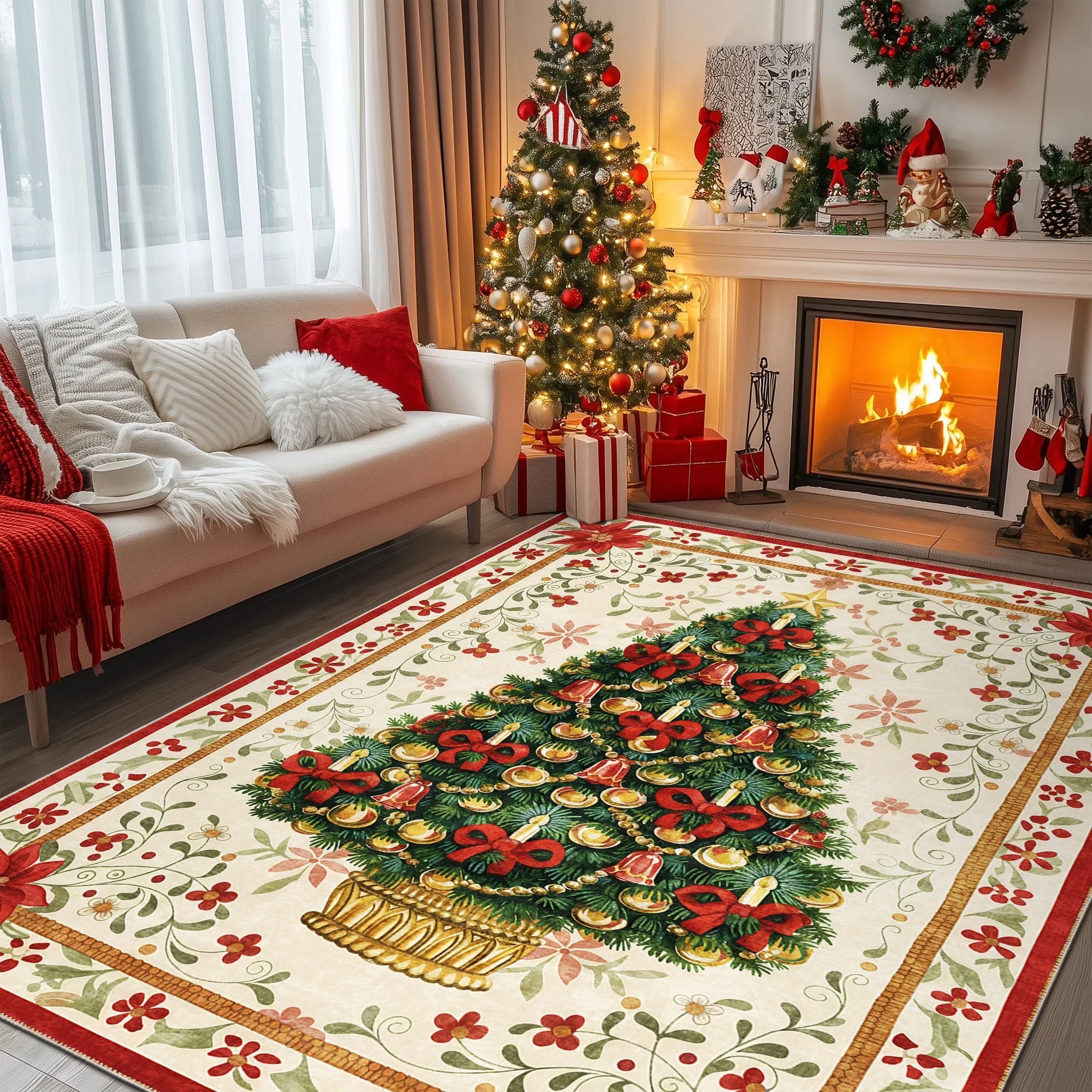 Marloen Christmas Beige Cotton Machine Washable Area Rug - Image 4