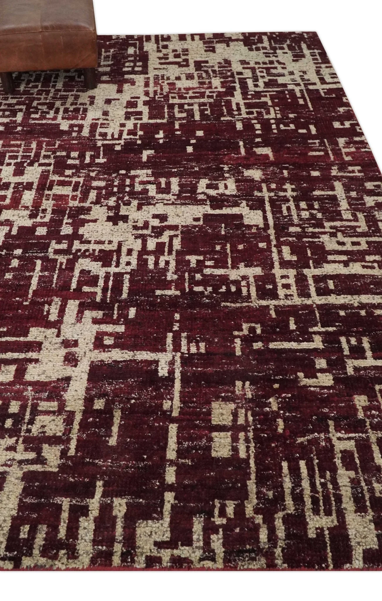 Hand Knotted 5x8 Maroon and Beige Modern Abstract Contemporary Recycled Silk Area Rug - Image 2
