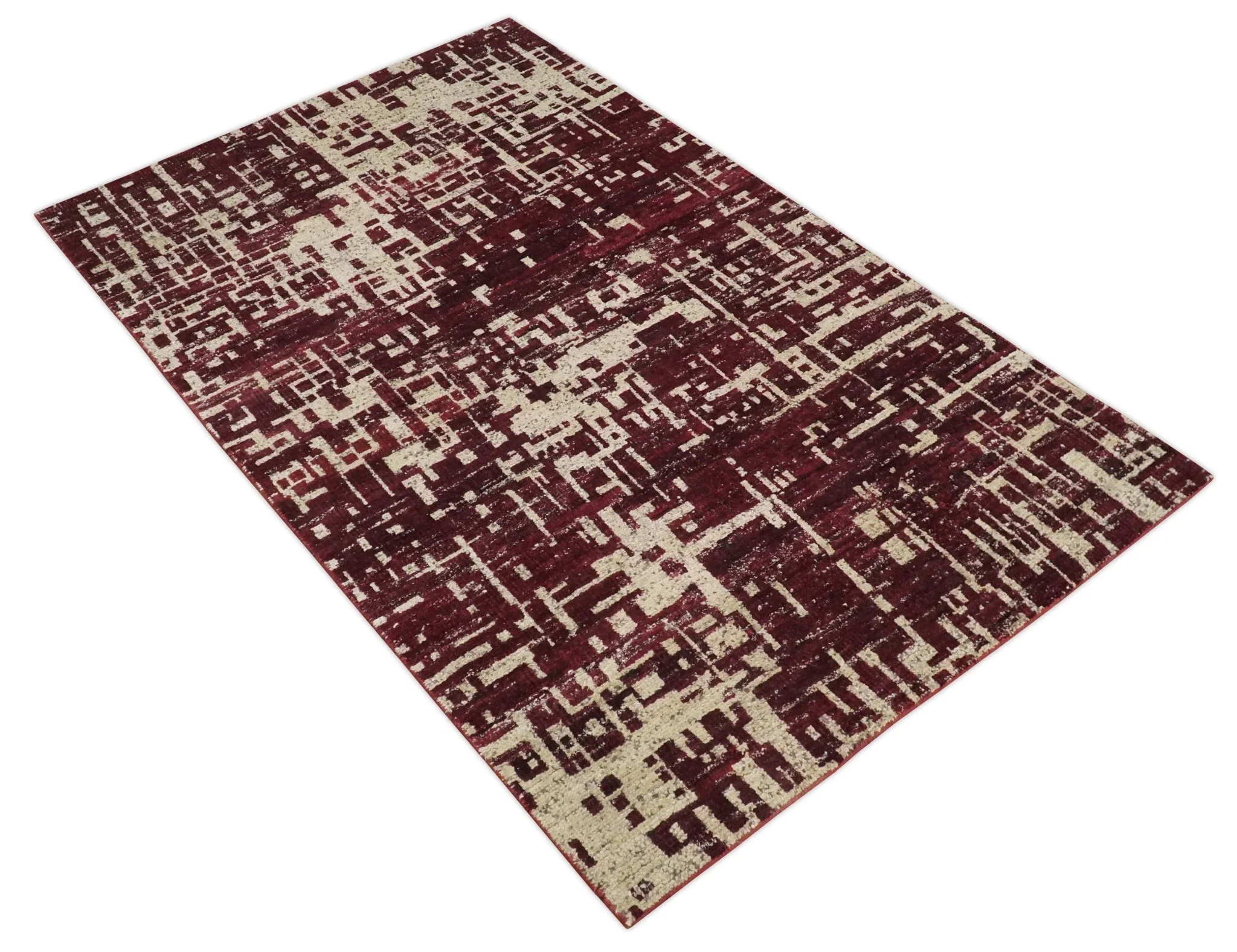 Hand Knotted 5x8 Maroon and Beige Modern Abstract Contemporary Recycled Silk Area Rug - Image 8