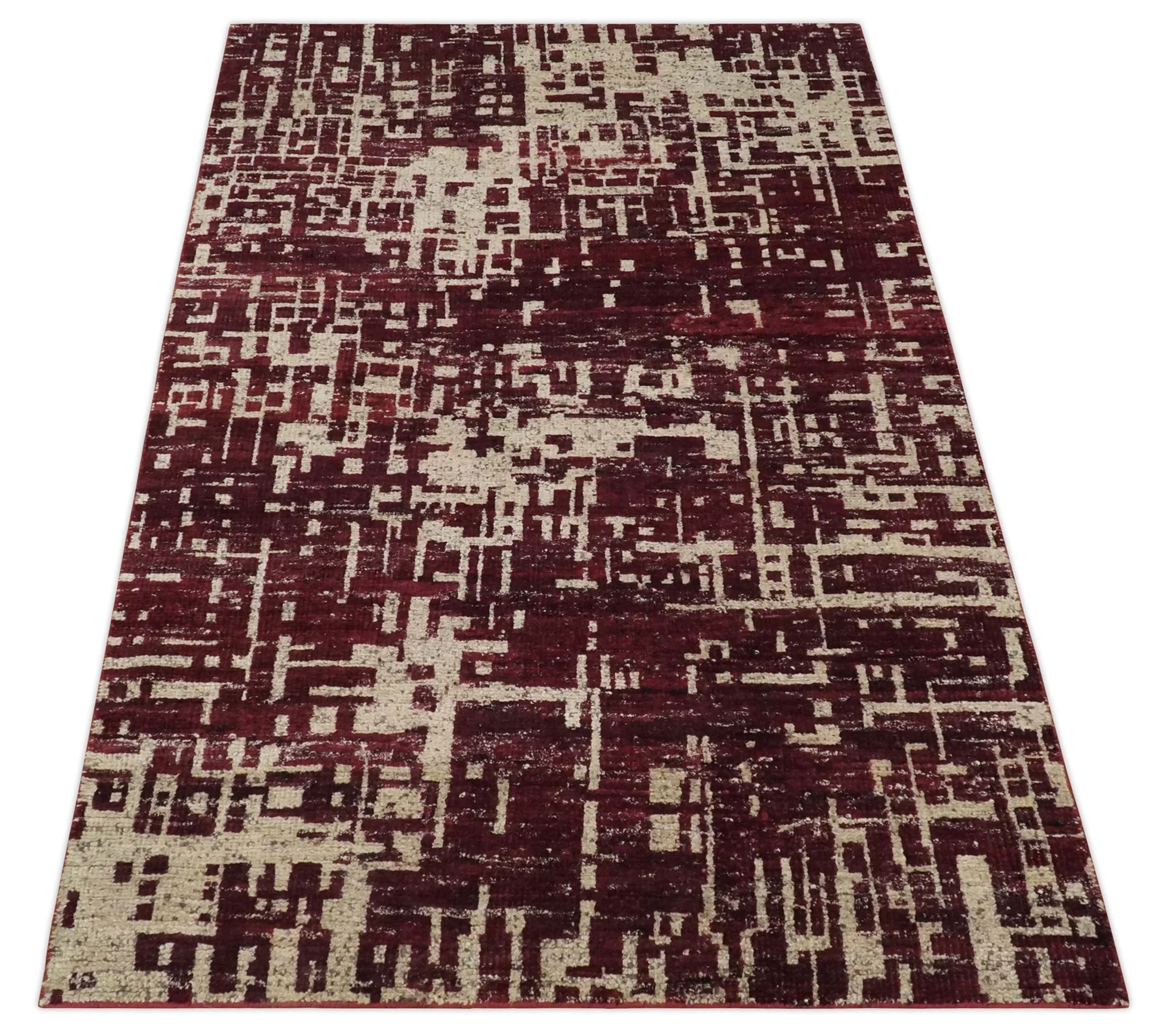 Hand Knotted 5x8 Maroon and Beige Modern Abstract Contemporary Recycled Silk Area Rug - Image 9