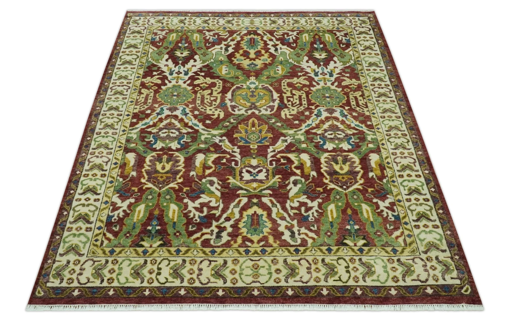 Maroon and Green Hand Knotted Traditional Large Design Multi Size wool area rug - Image 11