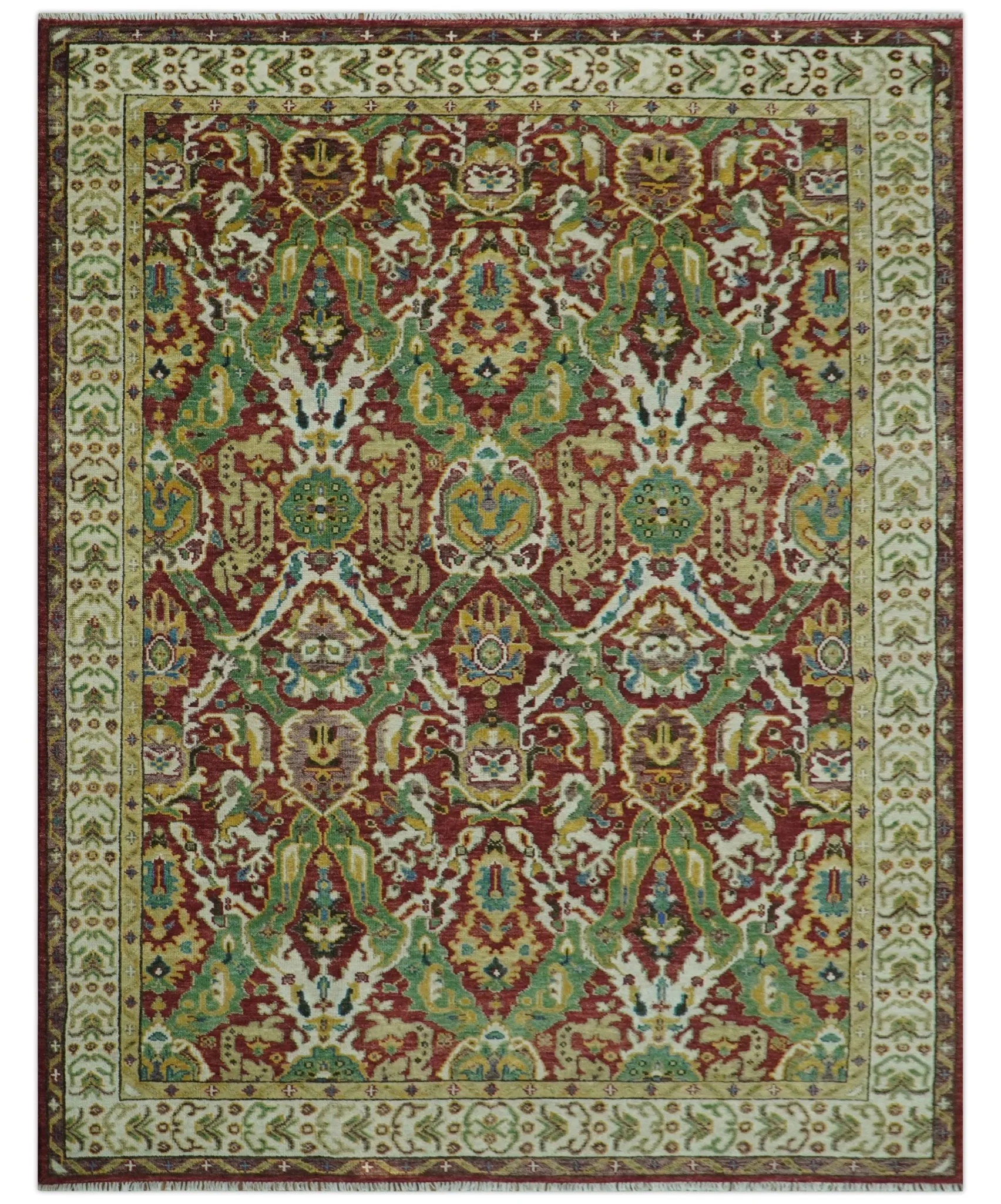 Maroon and Green Hand Knotted Traditional Large Design Multi Size wool area rug - Image 12