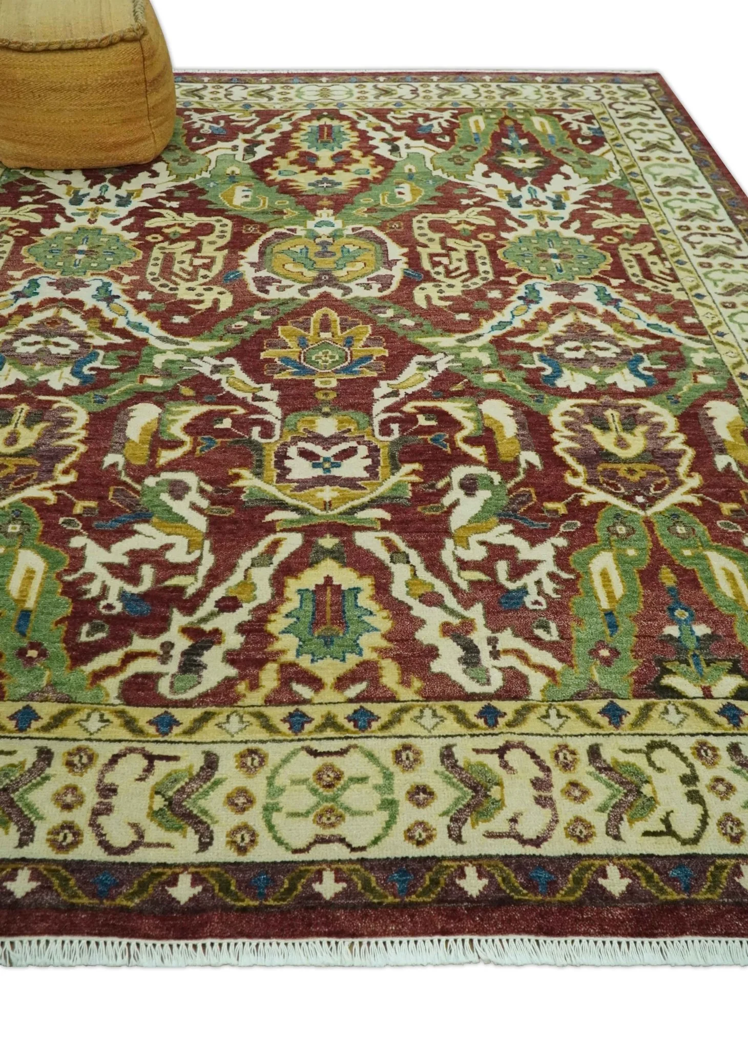 Maroon and Green Hand Knotted Traditional Large Design Multi Size wool area rug - Image 3