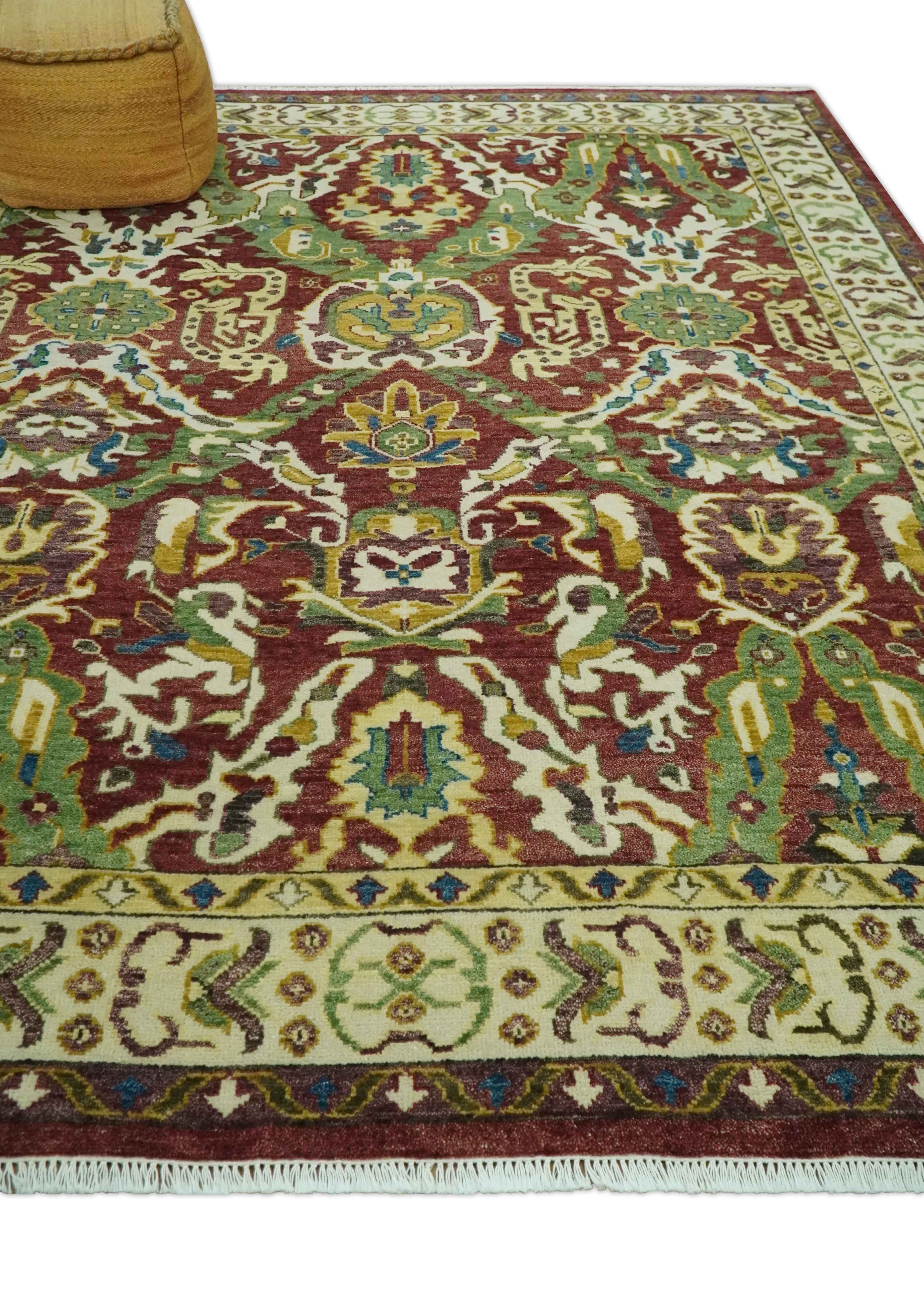 Maroon and Green Hand Knotted Traditional Large Design 8x10 wool area rug - Image 3