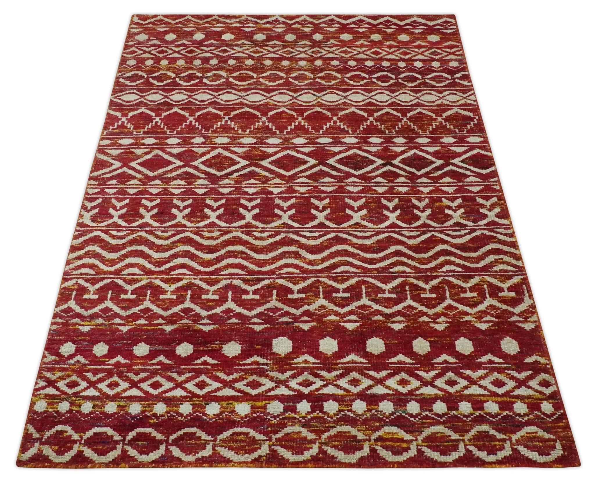 Maroon and Ivory 5.6x8.6 Hand Knotted Southwestern Tribal Trellis Recycled Silk Rug - Image 10