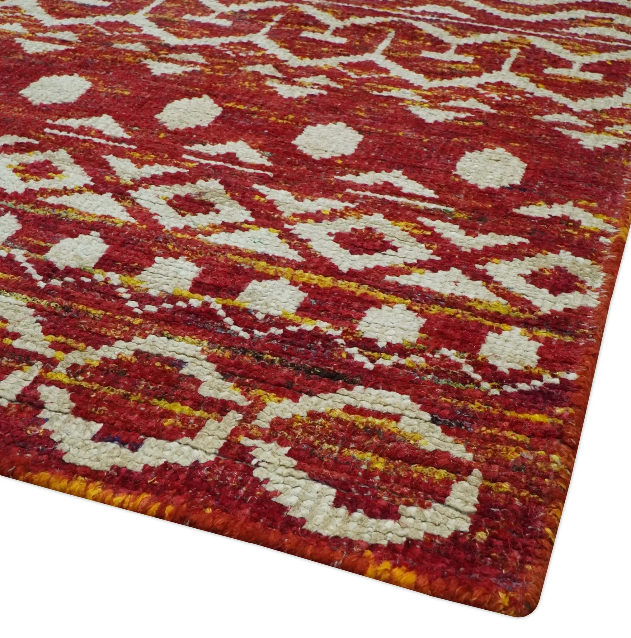 Maroon and Ivory 5.6x8.6 Hand Knotted Southwestern Tribal Trellis Recycled Silk Rug - Image 5