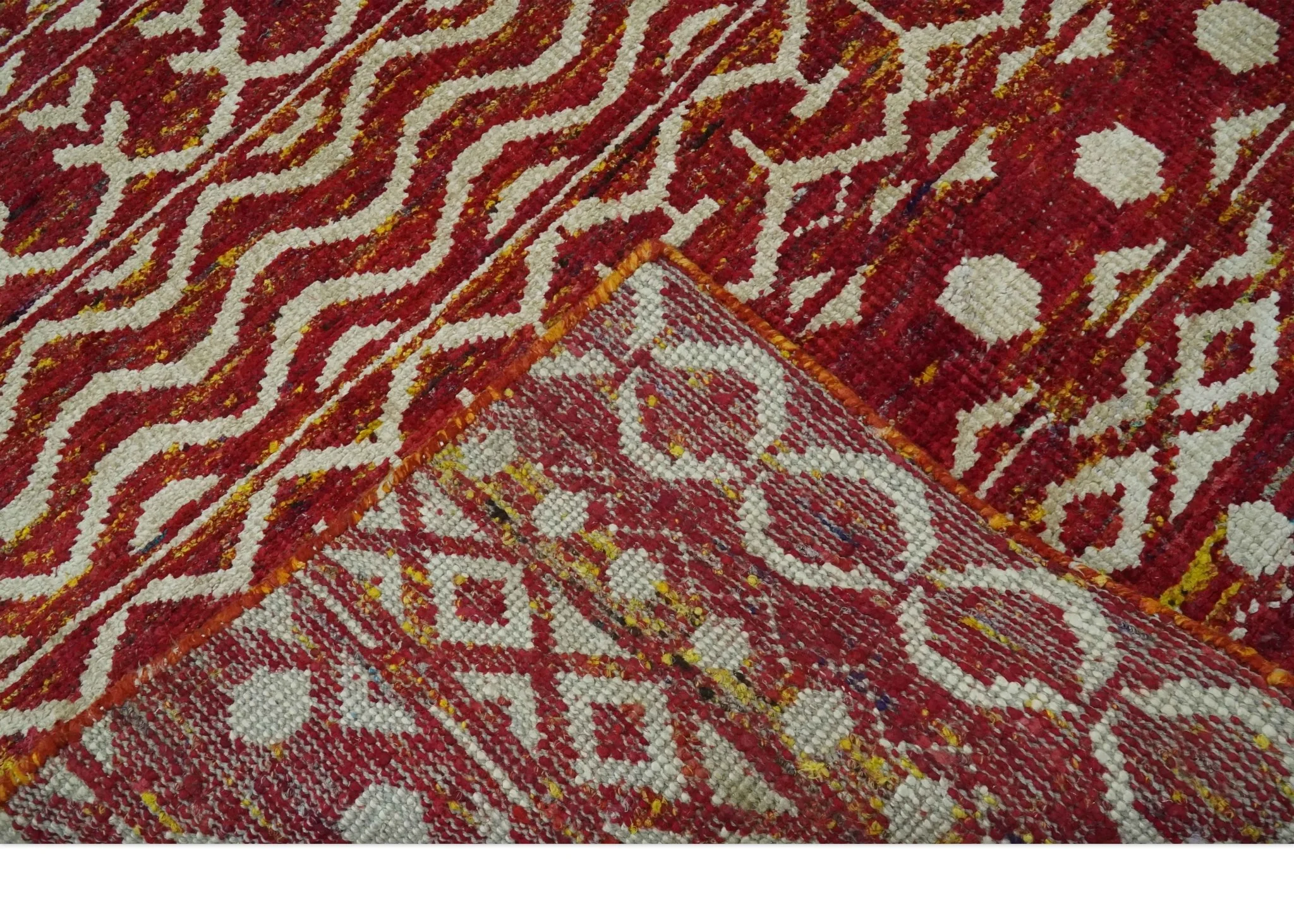 Maroon and Ivory 5.6x8.6 Hand Knotted Southwestern Tribal Trellis Recycled Silk Rug - Image 7